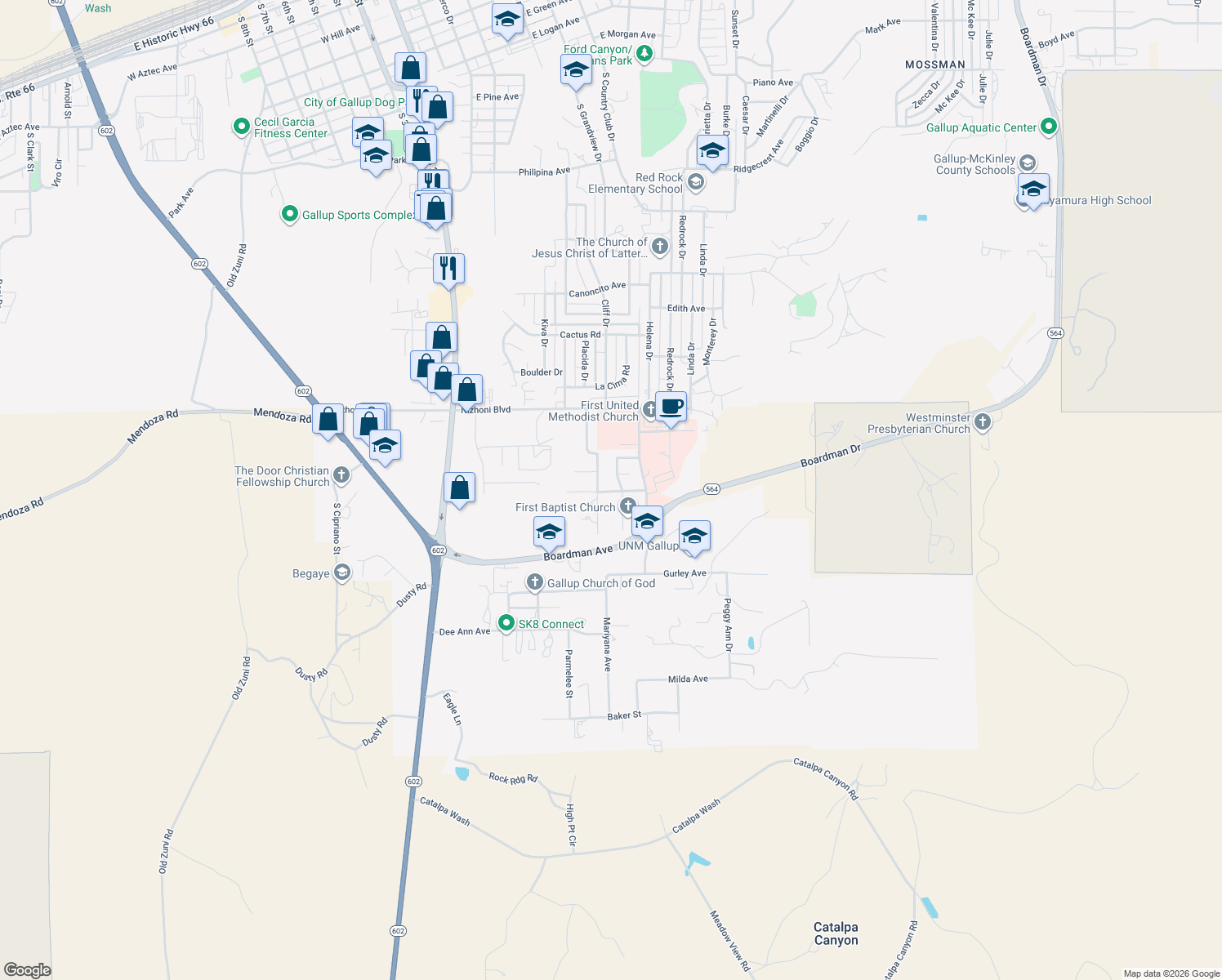 map of restaurants, bars, coffee shops, grocery stores, and more near 403 Sagebrush Avenue in Gallup
