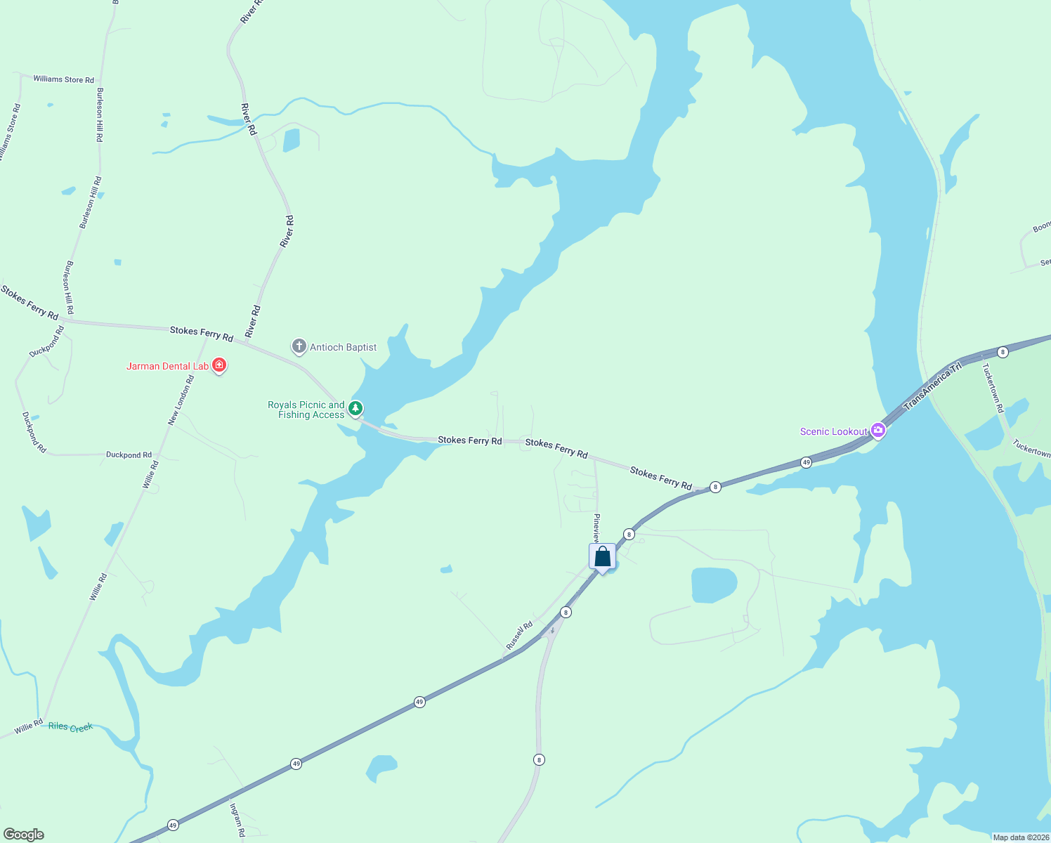 map of restaurants, bars, coffee shops, grocery stores, and more near 17670 Stokes Ferry Rd in New London