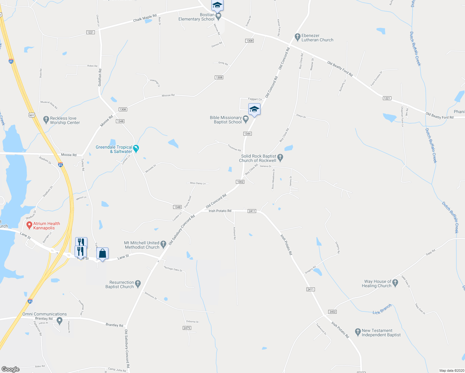 map of restaurants, bars, coffee shops, grocery stores, and more near 12050 Old Concord Road in Rockwell