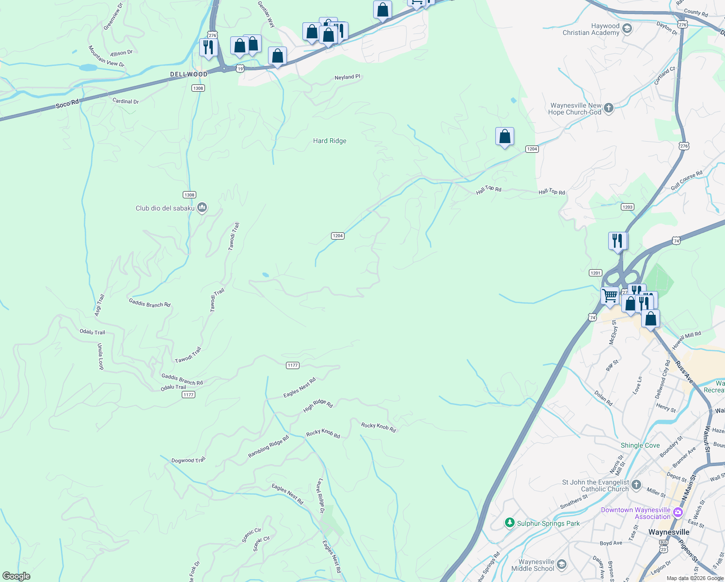 map of restaurants, bars, coffee shops, grocery stores, and more near 594 Apple Creek Road in Waynesville