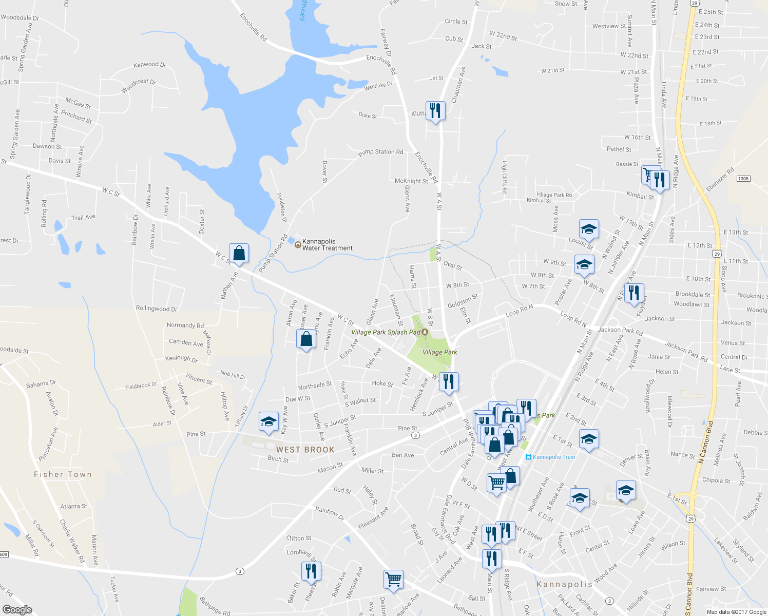 map of restaurants, bars, coffee shops, grocery stores, and more near Callie Street in Kannapolis