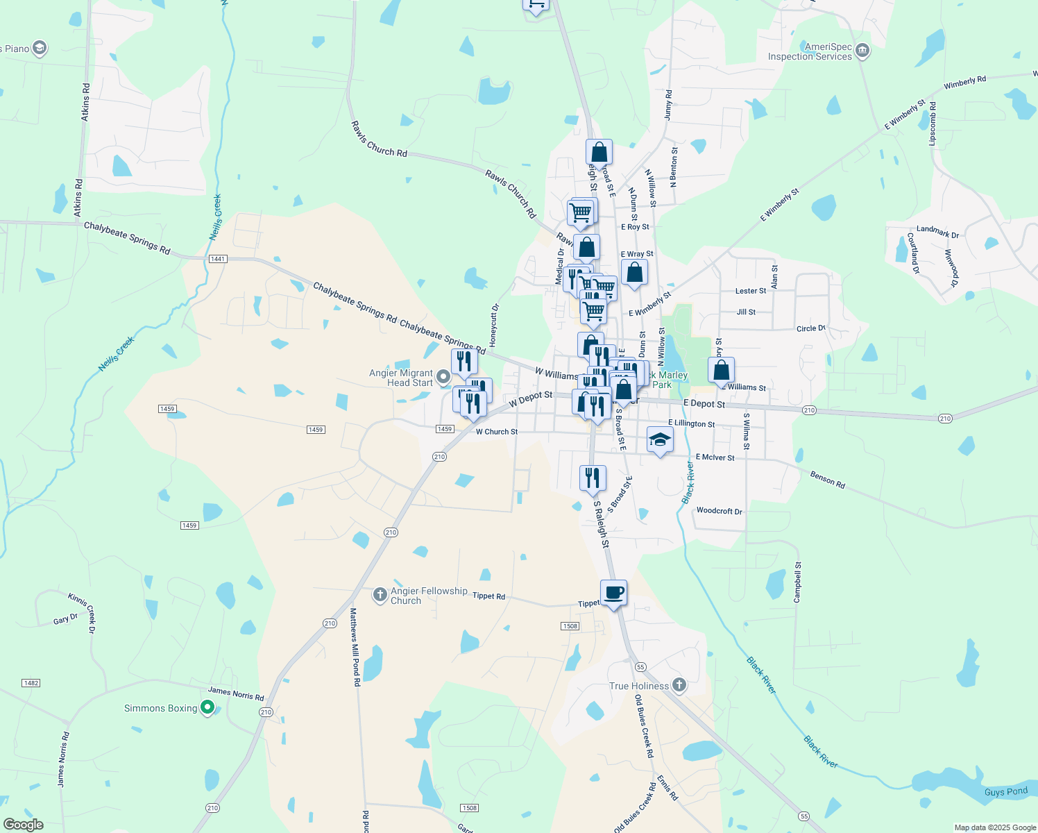 map of restaurants, bars, coffee shops, grocery stores, and more near 405 West Lillington Street in Angier