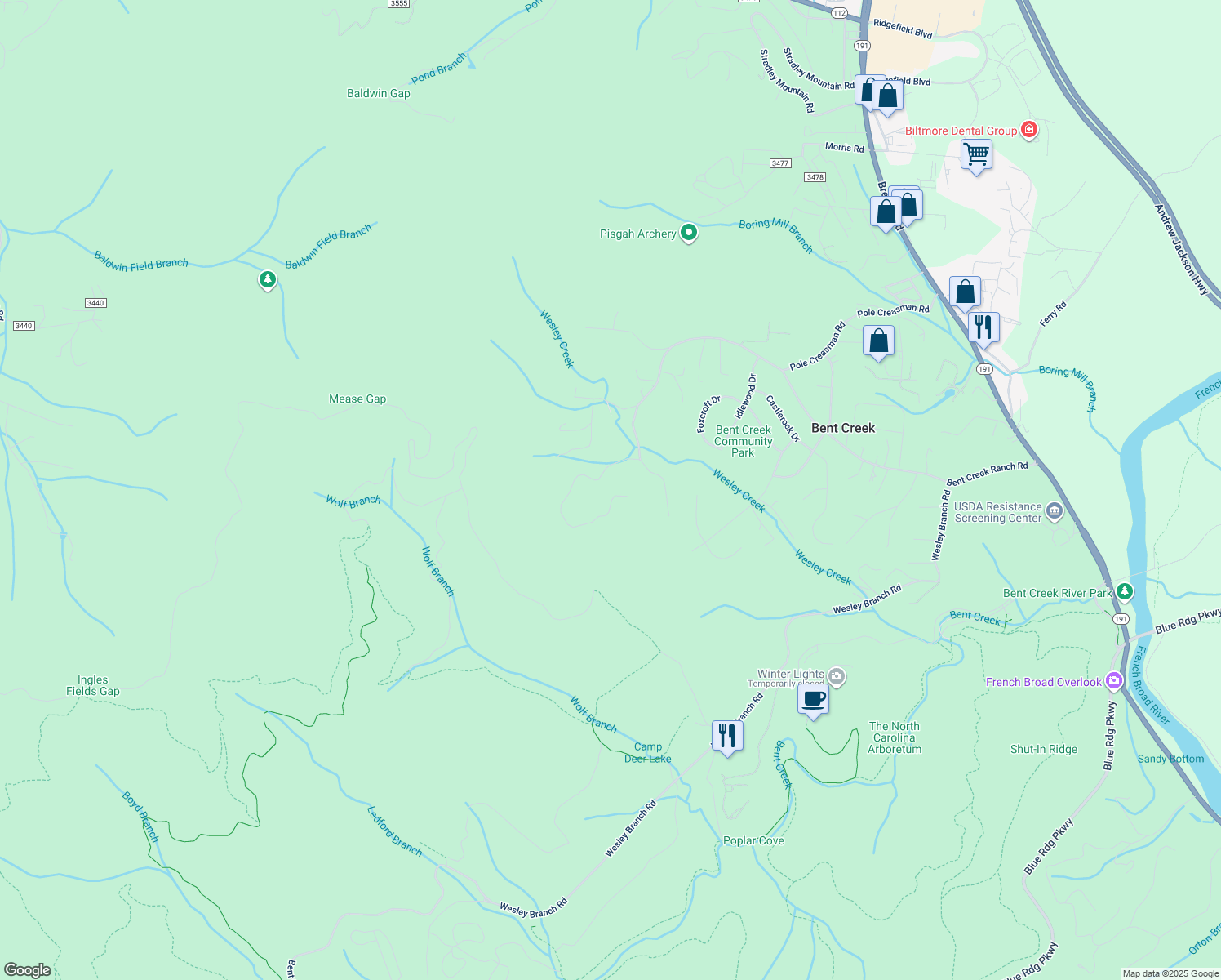 map of restaurants, bars, coffee shops, grocery stores, and more near 128 Bent Creek Preserve Road in Asheville