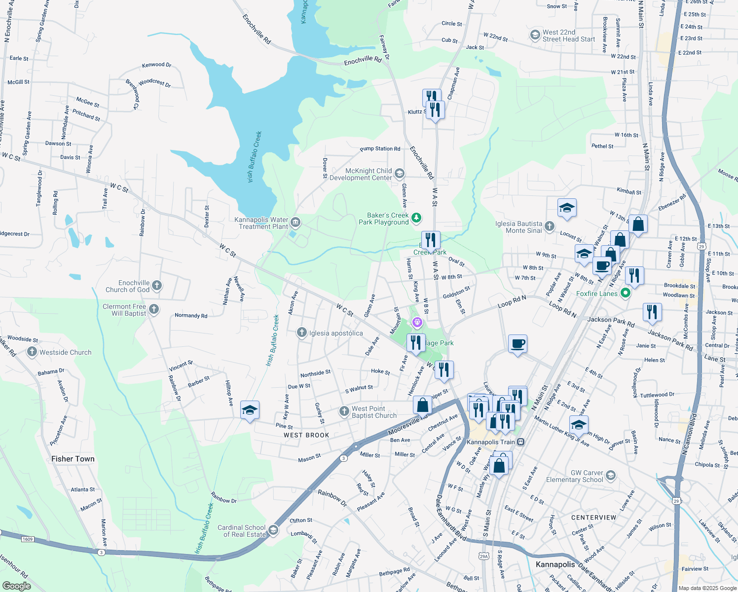 map of restaurants, bars, coffee shops, grocery stores, and more near 301 Glenn Avenue in Kannapolis