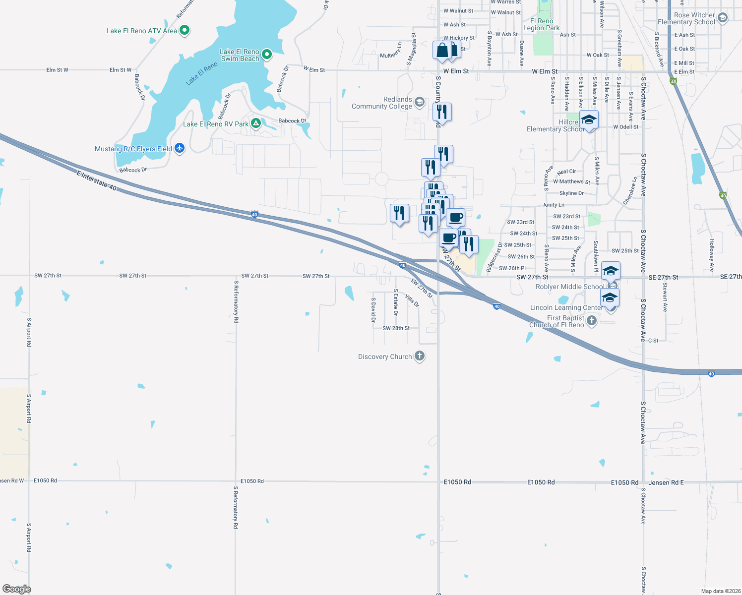 map of restaurants, bars, coffee shops, grocery stores, and more near 2708 South David Drive in El Reno