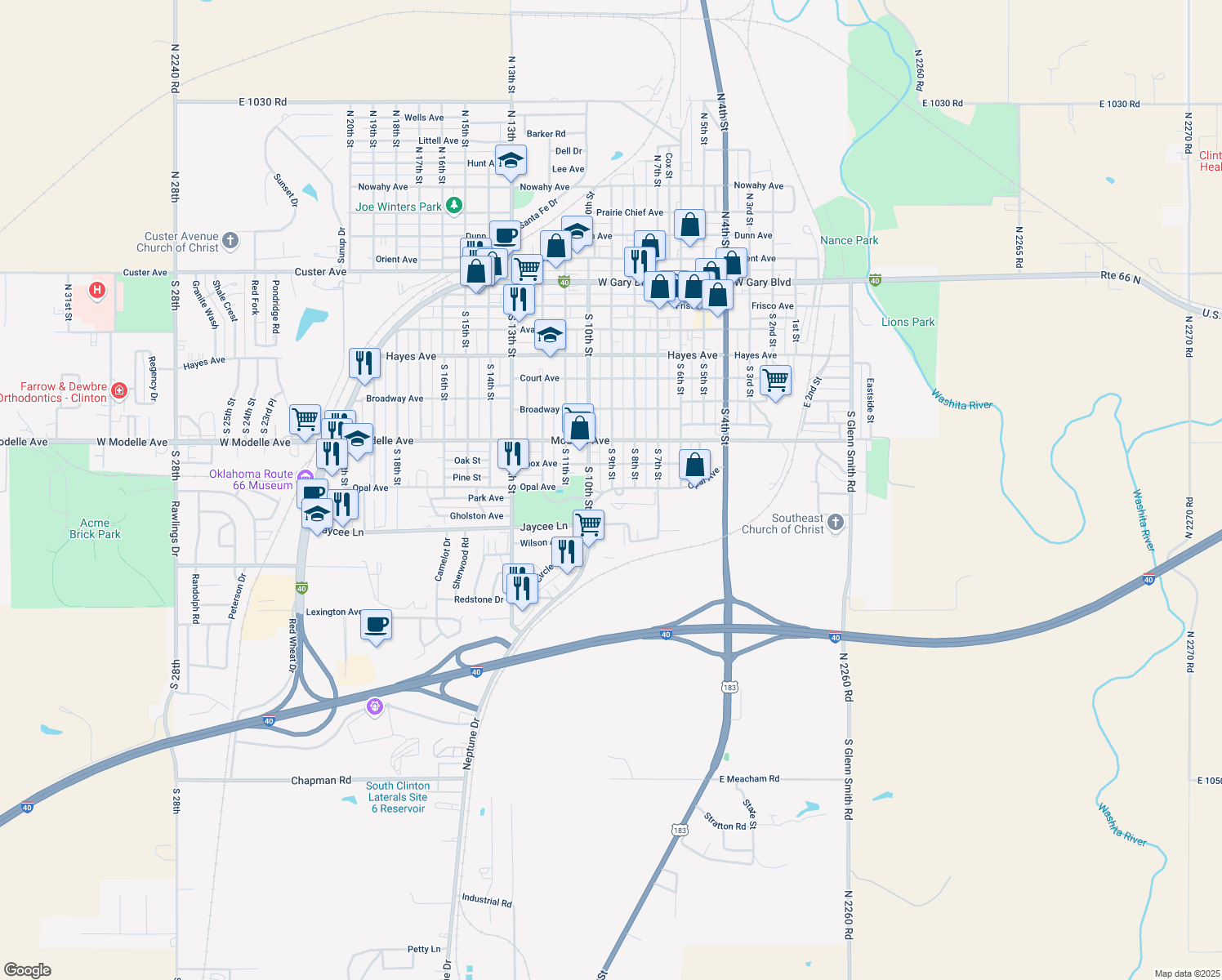 map of restaurants, bars, coffee shops, grocery stores, and more near 902 Opal Avenue in Clinton