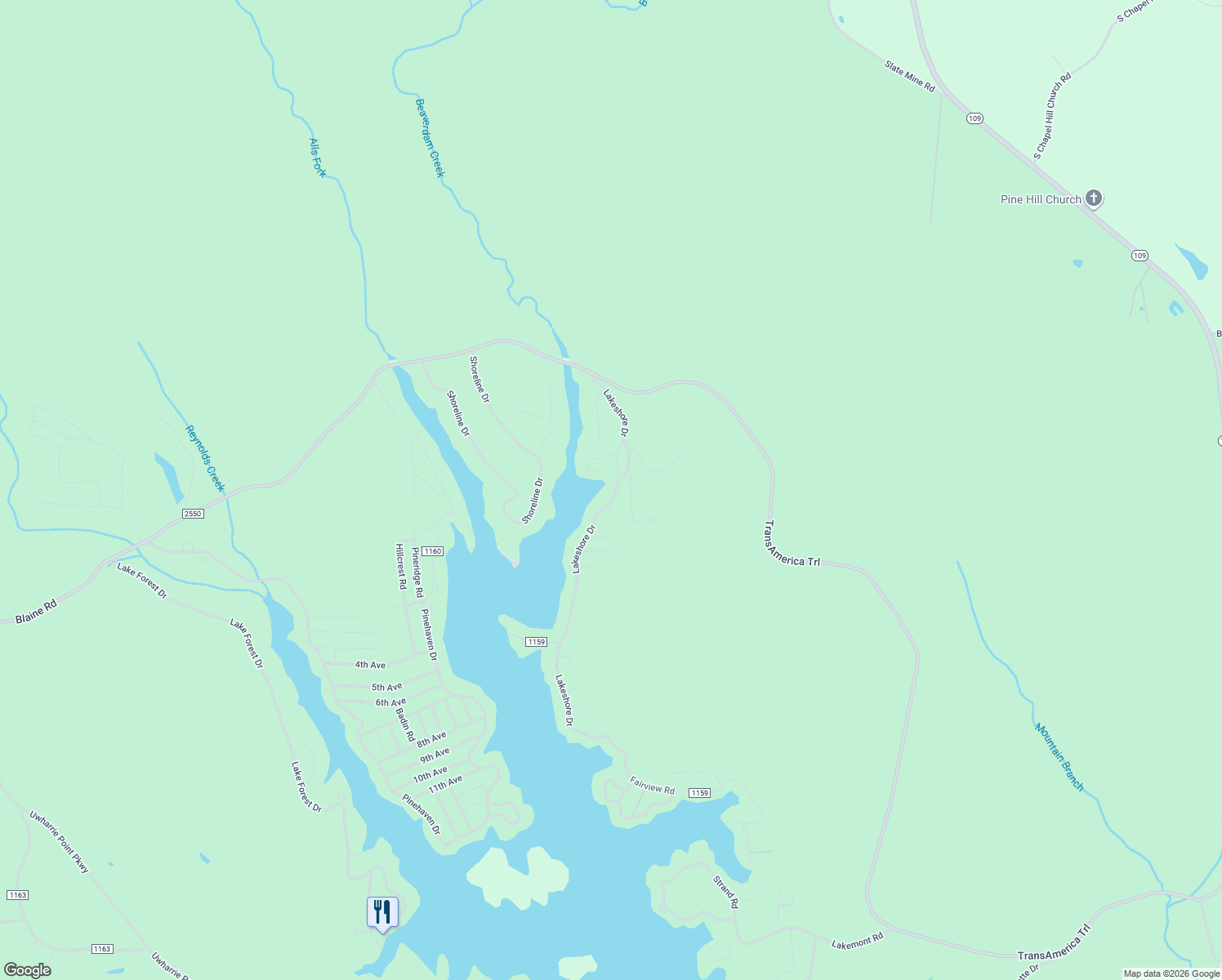 map of restaurants, bars, coffee shops, grocery stores, and more near 526 Lakeshore Drive in New London