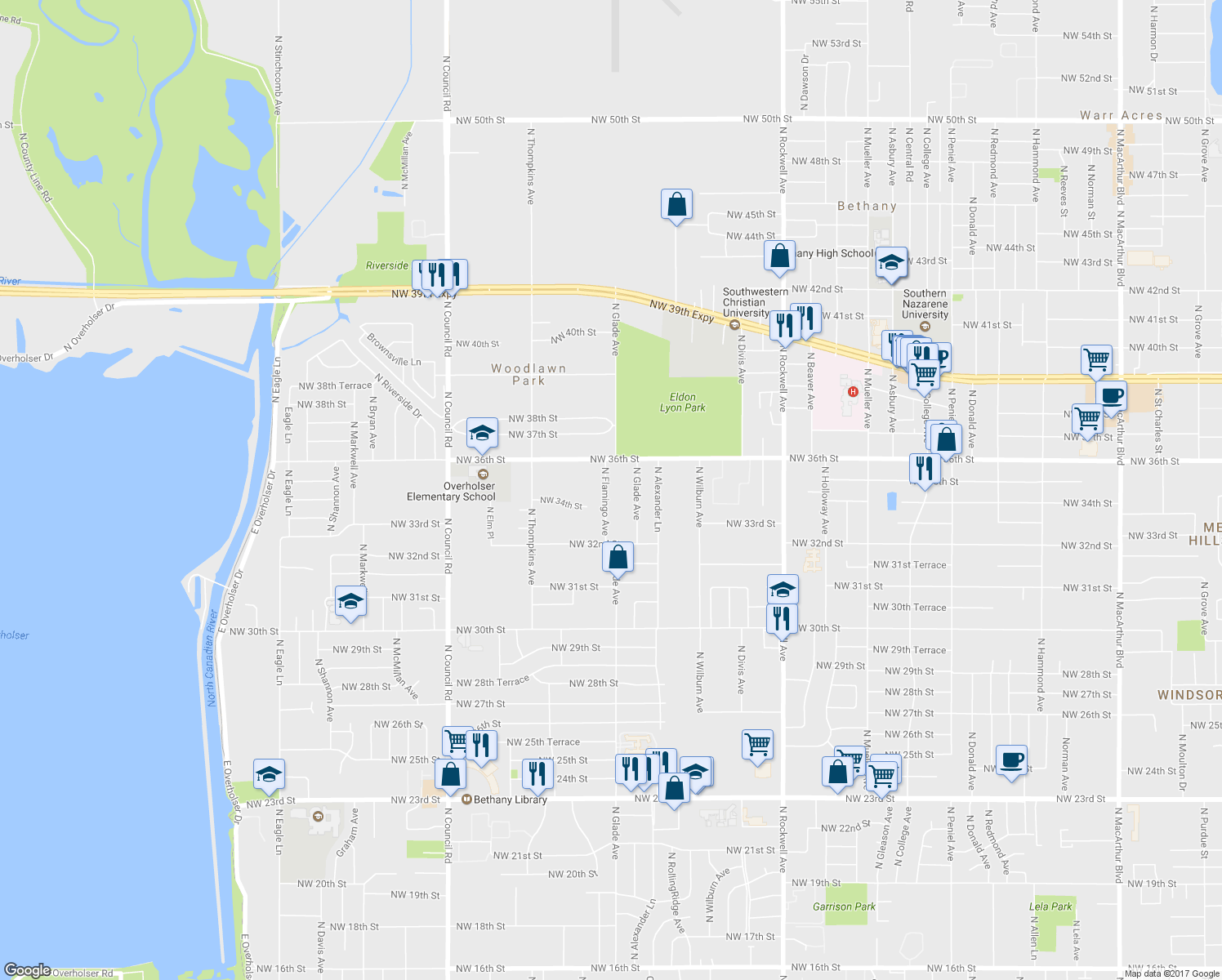 map of restaurants, bars, coffee shops, grocery stores, and more near 3508 North Flamingo Avenue in Bethany