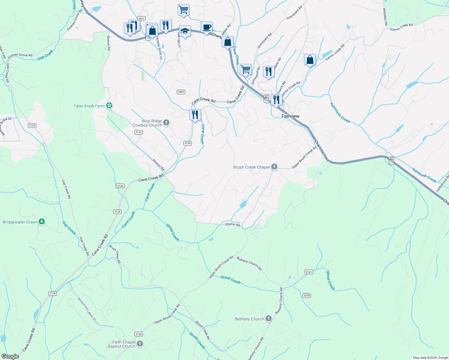 map of restaurants, bars, coffee shops, grocery stores, and more near 115 Blackberry Lane in Fairview