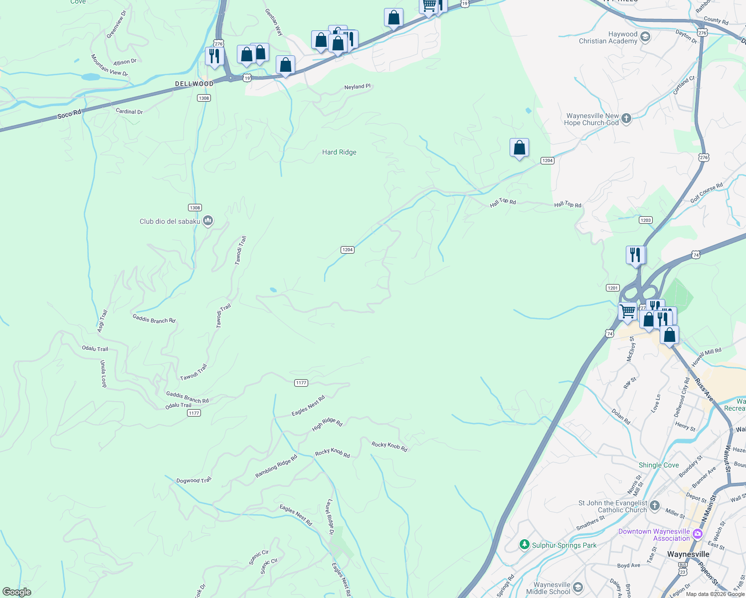 map of restaurants, bars, coffee shops, grocery stores, and more near 594 Apple Creek Road in Waynesville