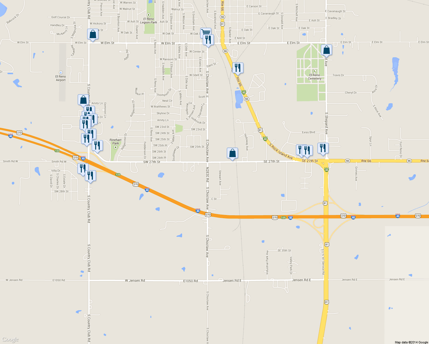 map of restaurants, bars, coffee shops, grocery stores, and more near 2801 South Choctaw Avenue in El Reno
