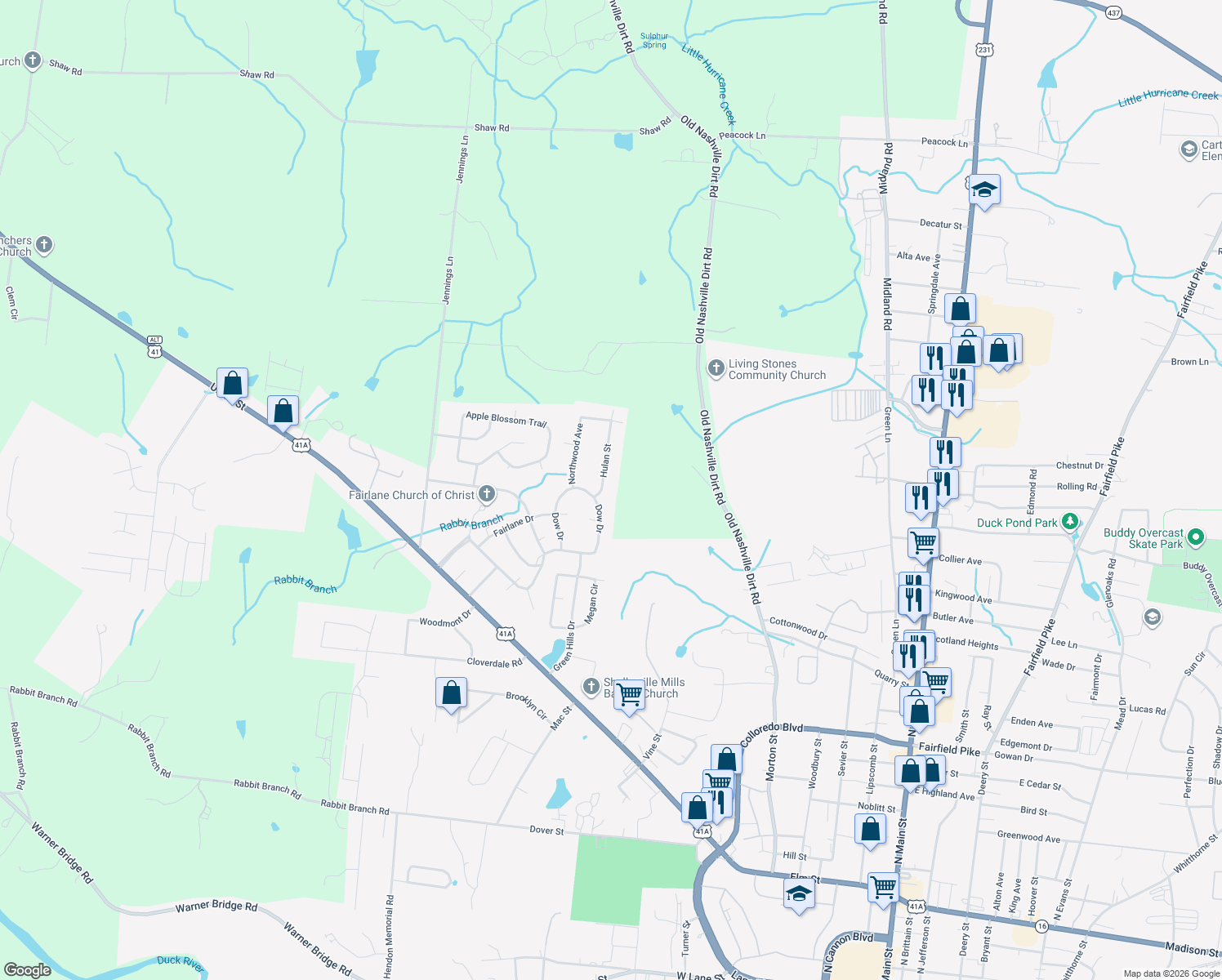 map of restaurants, bars, coffee shops, grocery stores, and more near 100 Hulan Street in Shelbyville