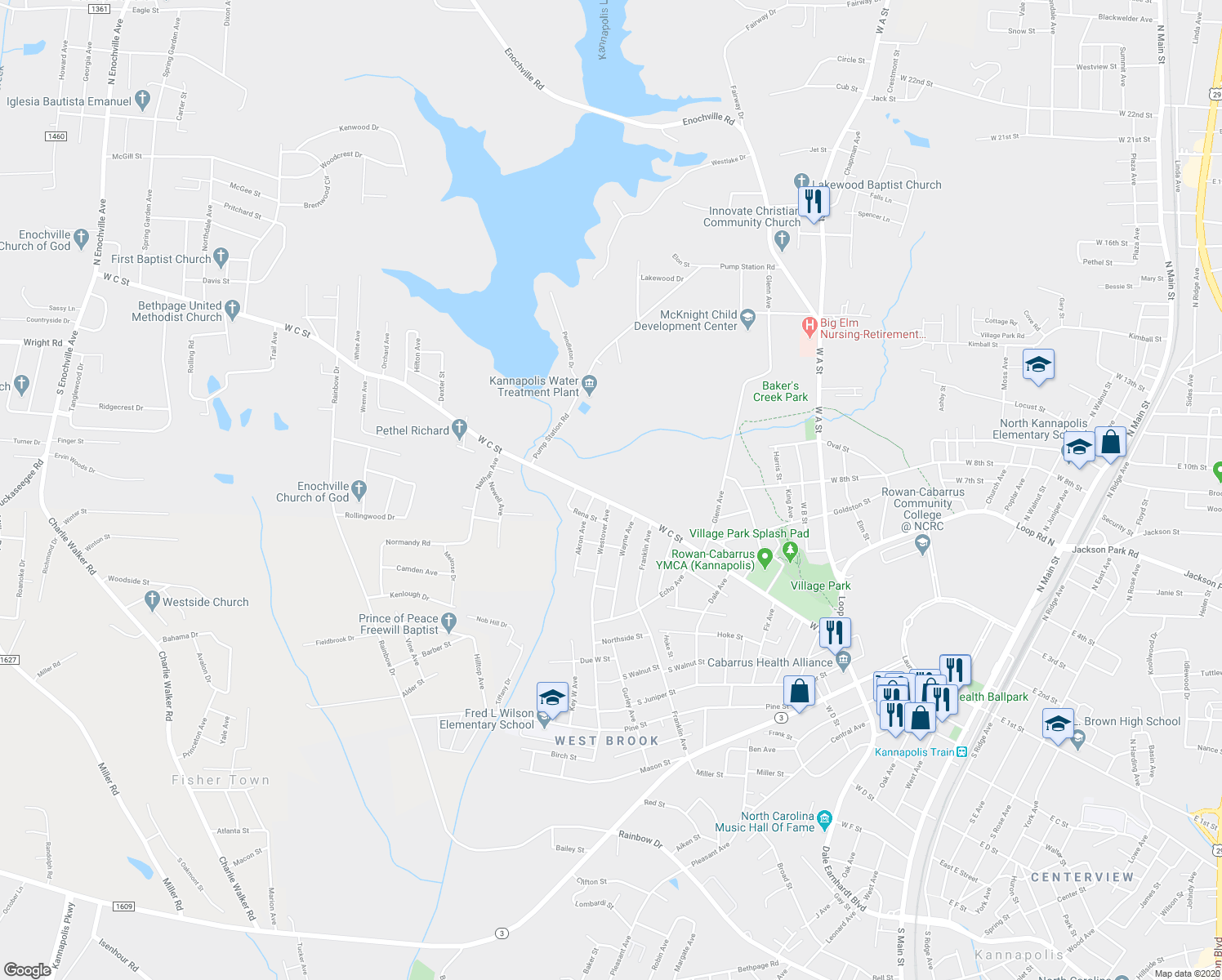 map of restaurants, bars, coffee shops, grocery stores, and more near 1302 West C Street in Kannapolis