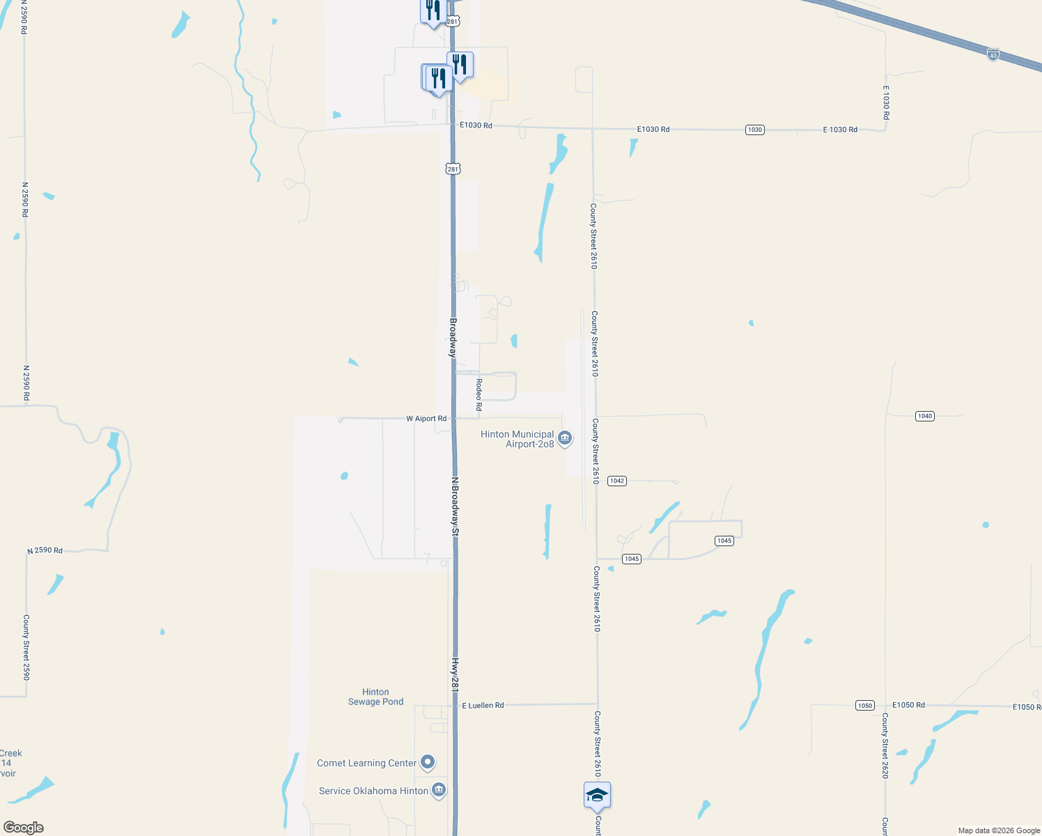 map of restaurants, bars, coffee shops, grocery stores, and more near 320 East Airport Road in Hinton