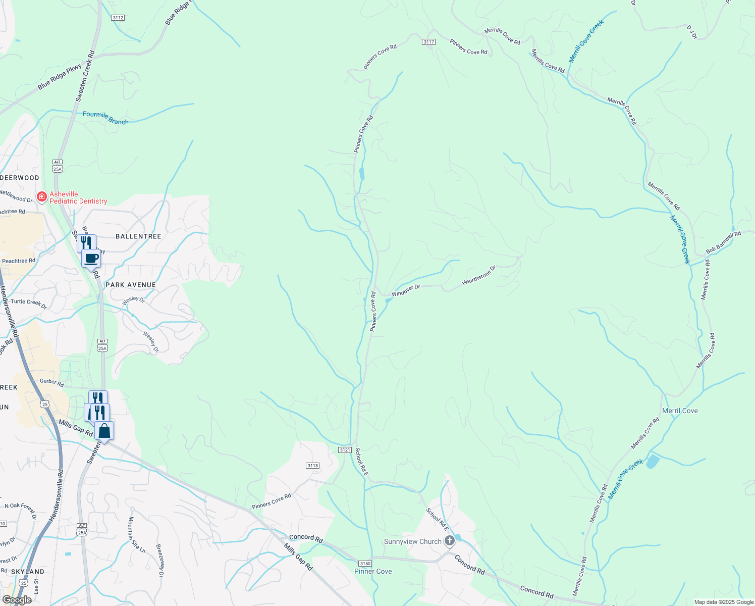 map of restaurants, bars, coffee shops, grocery stores, and more near 265 Pinners Cove Road in Asheville