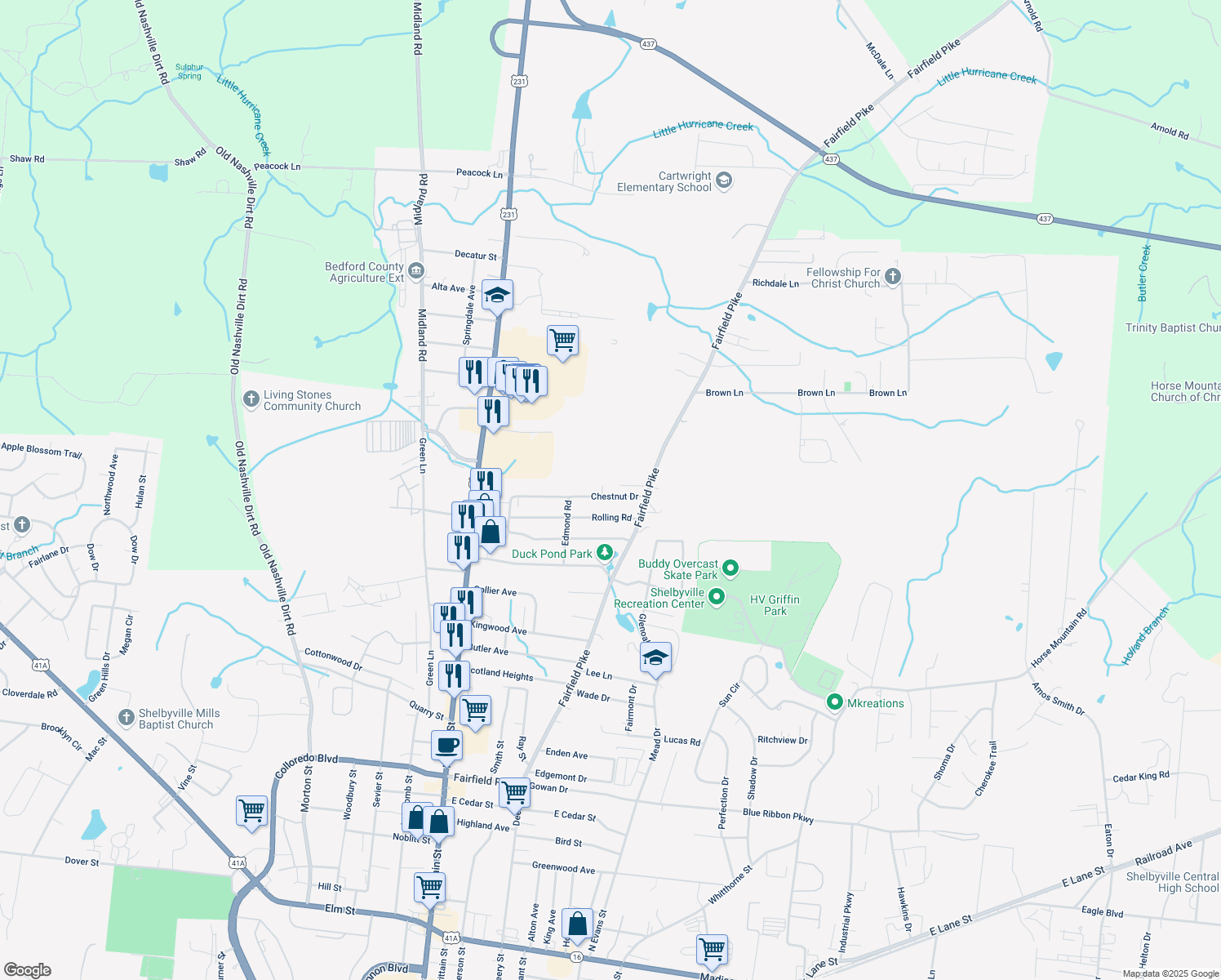 map of restaurants, bars, coffee shops, grocery stores, and more near 317 Chestnut Dr in Shelbyville
