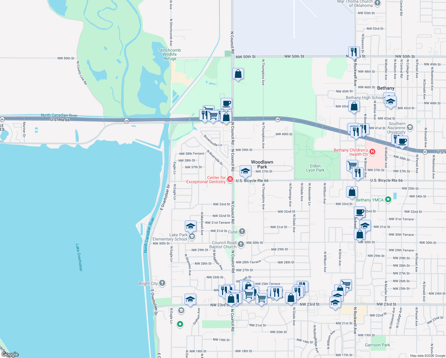 map of restaurants, bars, coffee shops, grocery stores, and more near 3700 N McMillan Ave in Bethany