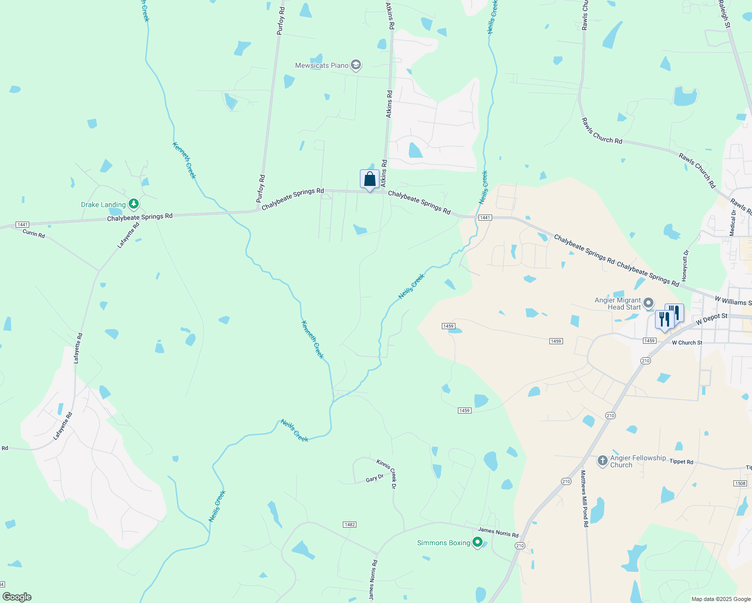 map of restaurants, bars, coffee shops, grocery stores, and more near 58 Springmoor Drive in Angier