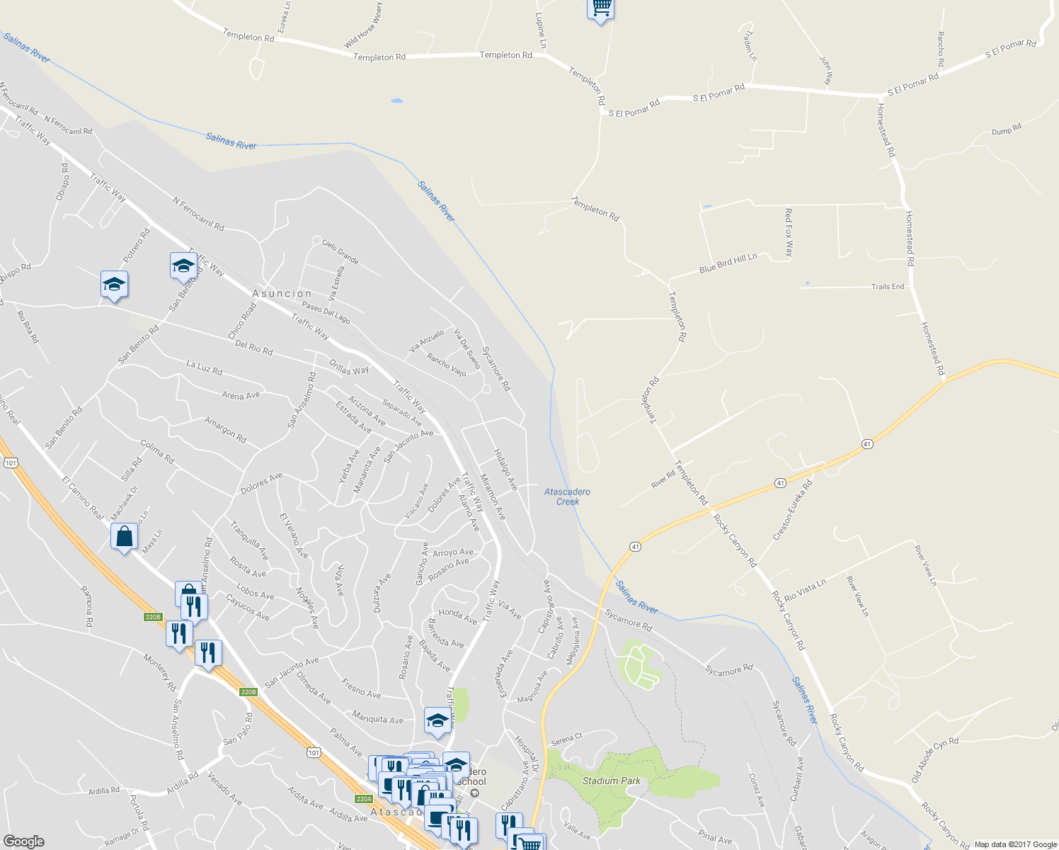 map of restaurants, bars, coffee shops, grocery stores, and more near 4541 Sycamore Road in Atascadero