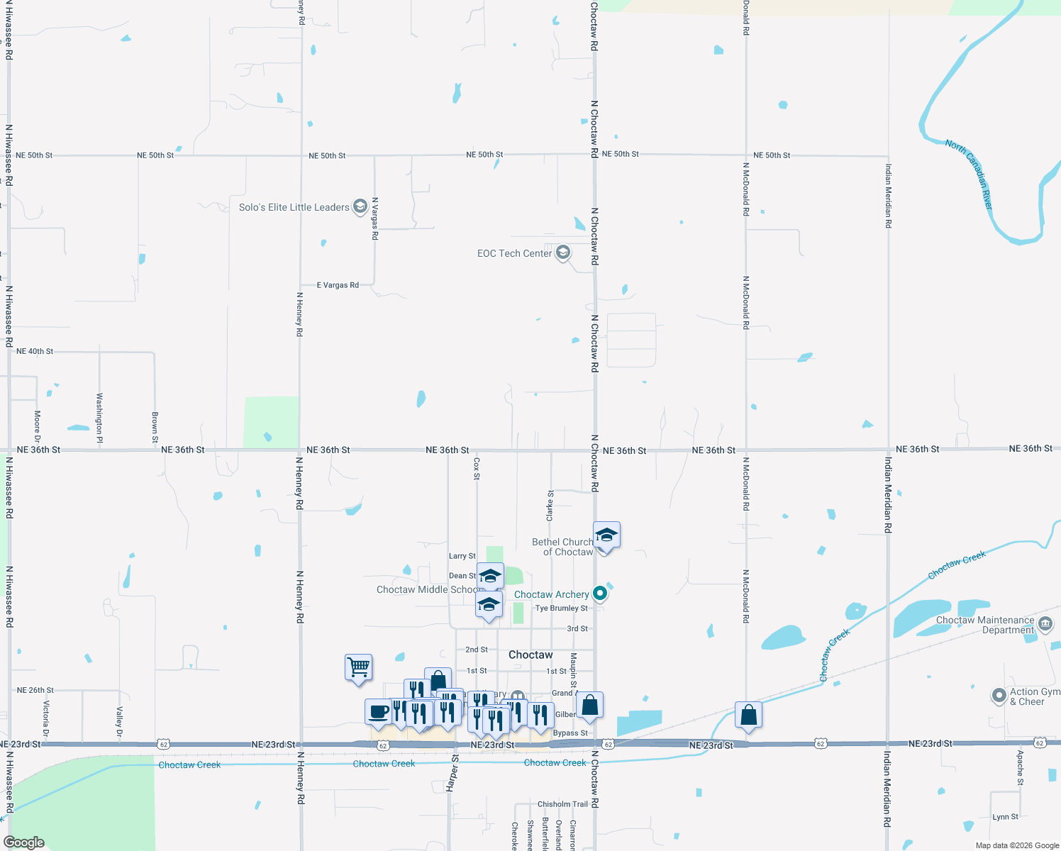 map of restaurants, bars, coffee shops, grocery stores, and more near 14767 Northeast 36th Street in Choctaw