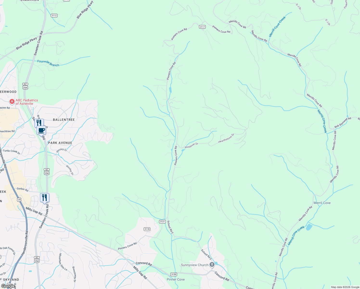 map of restaurants, bars, coffee shops, grocery stores, and more near 283 Pinners Cove Road in Asheville