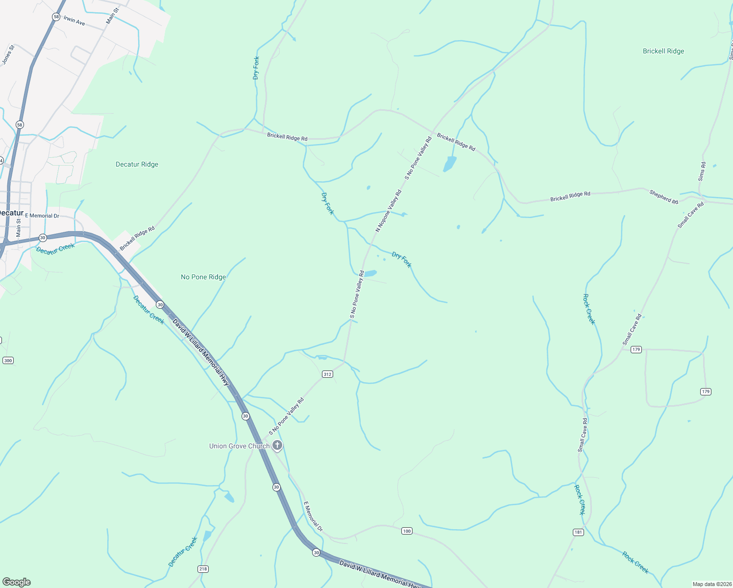 map of restaurants, bars, coffee shops, grocery stores, and more near 12408-12600 North Nopone Valley Road in Decatur