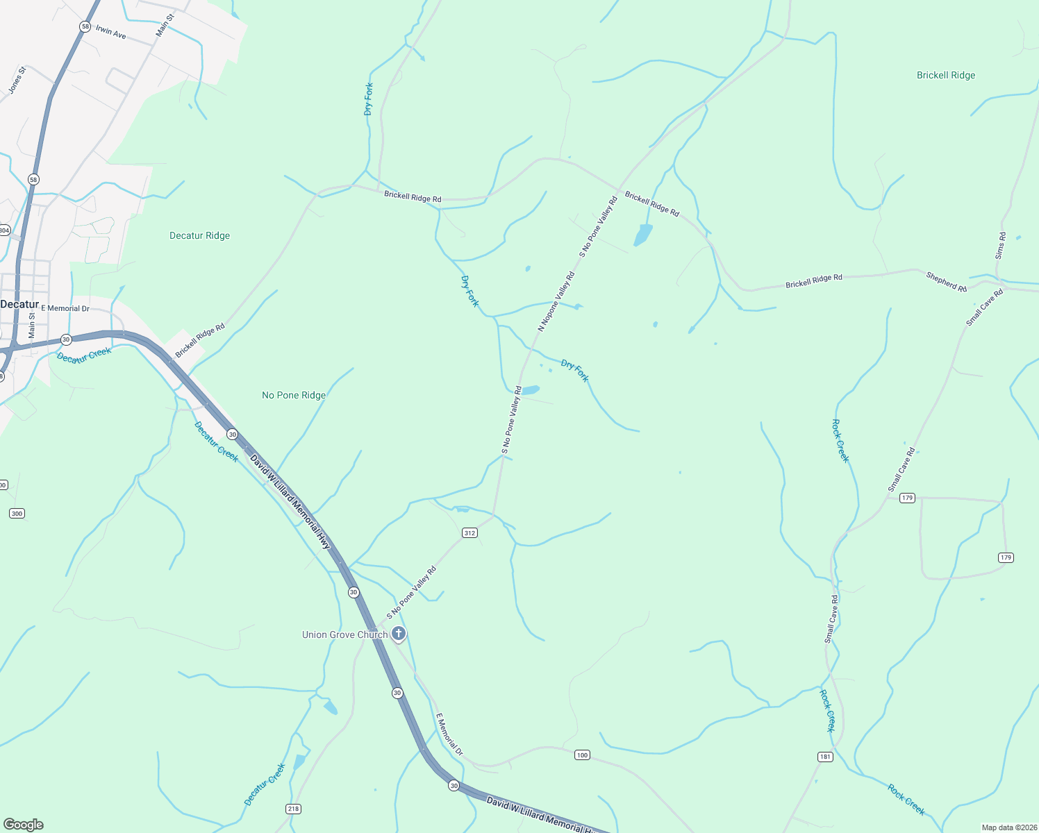 map of restaurants, bars, coffee shops, grocery stores, and more near 12408-12600 North Nopone Valley Road in Decatur