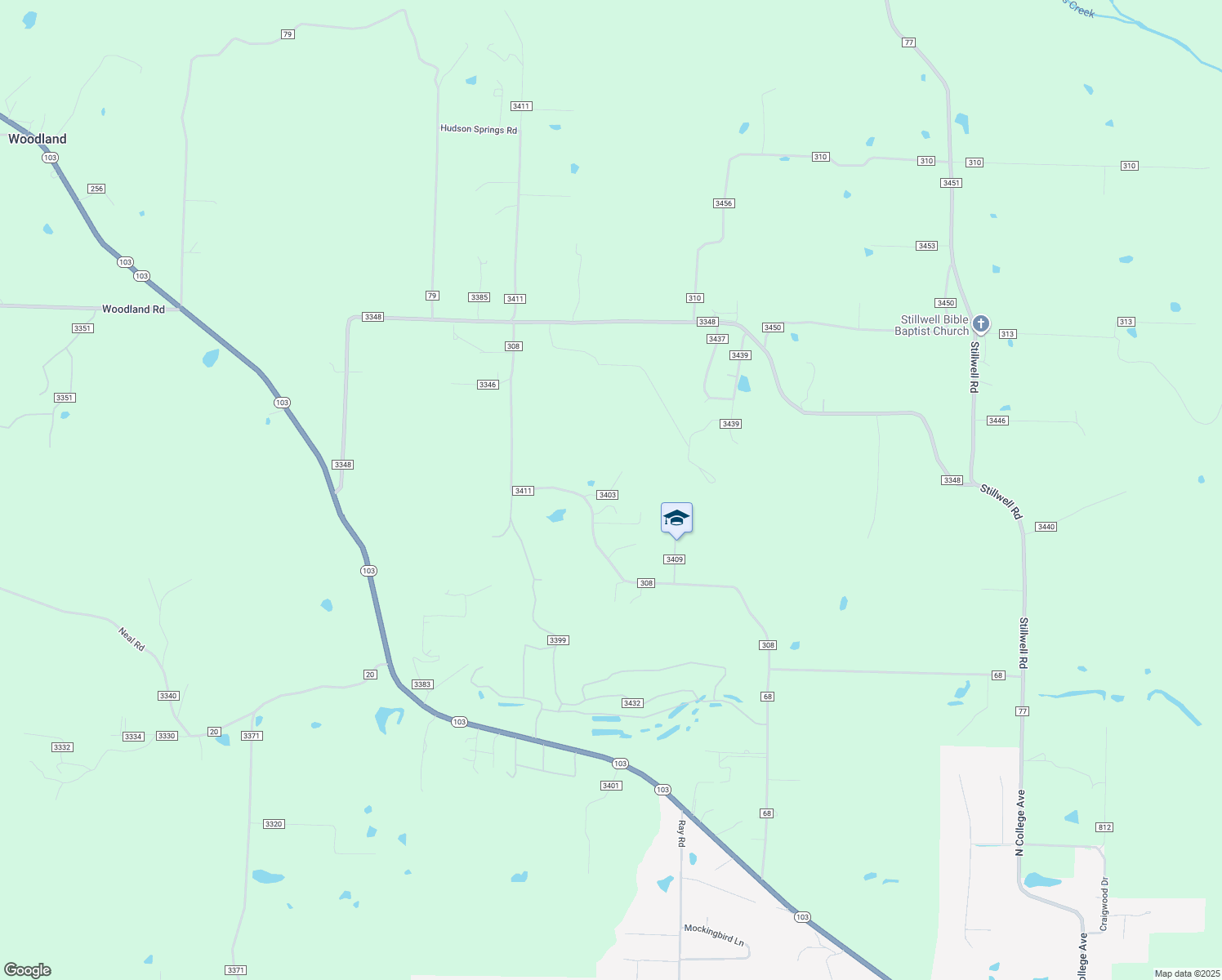 map of restaurants, bars, coffee shops, grocery stores, and more near County Road 3403 in Johnson County