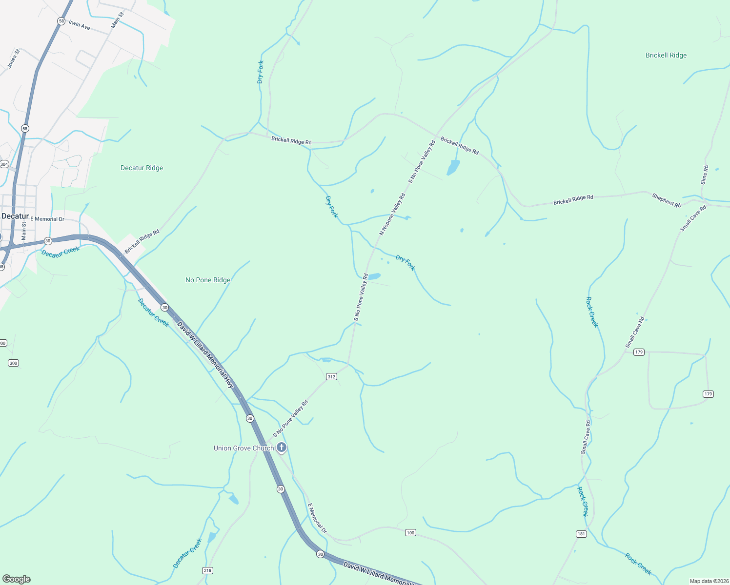 map of restaurants, bars, coffee shops, grocery stores, and more near 12408-12600 North Nopone Valley Road in Decatur