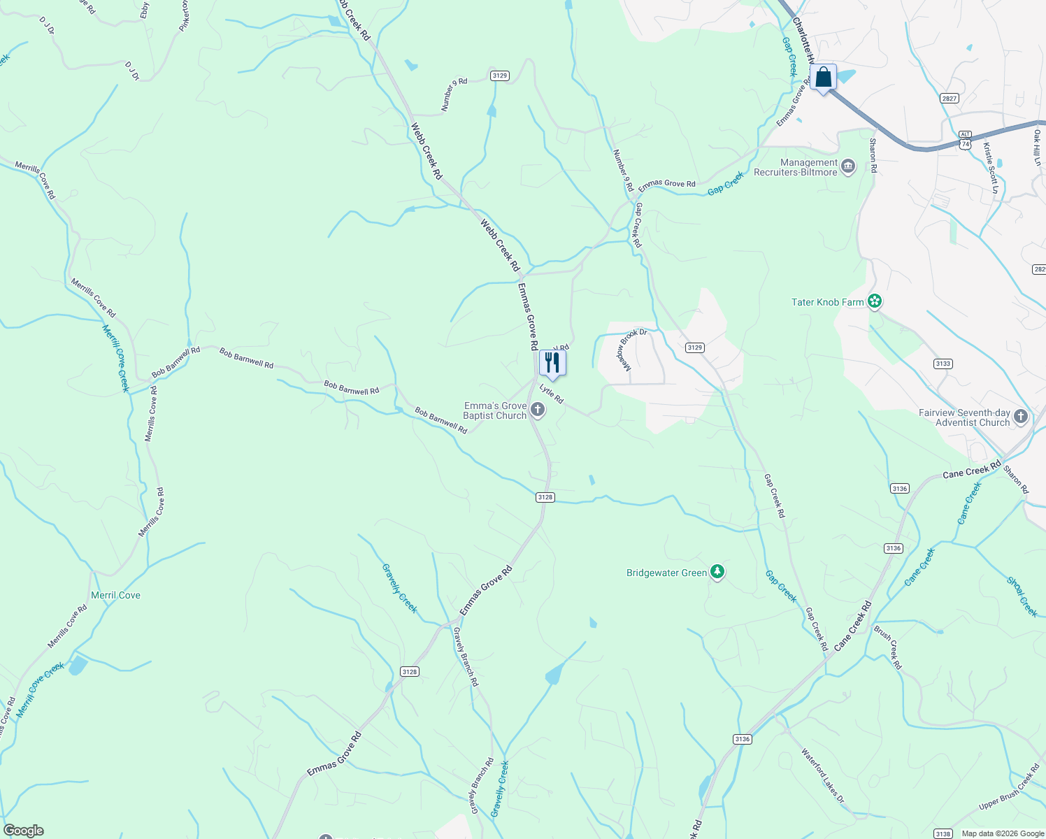 map of restaurants, bars, coffee shops, grocery stores, and more near 424 Emmas Grove Road in Fletcher