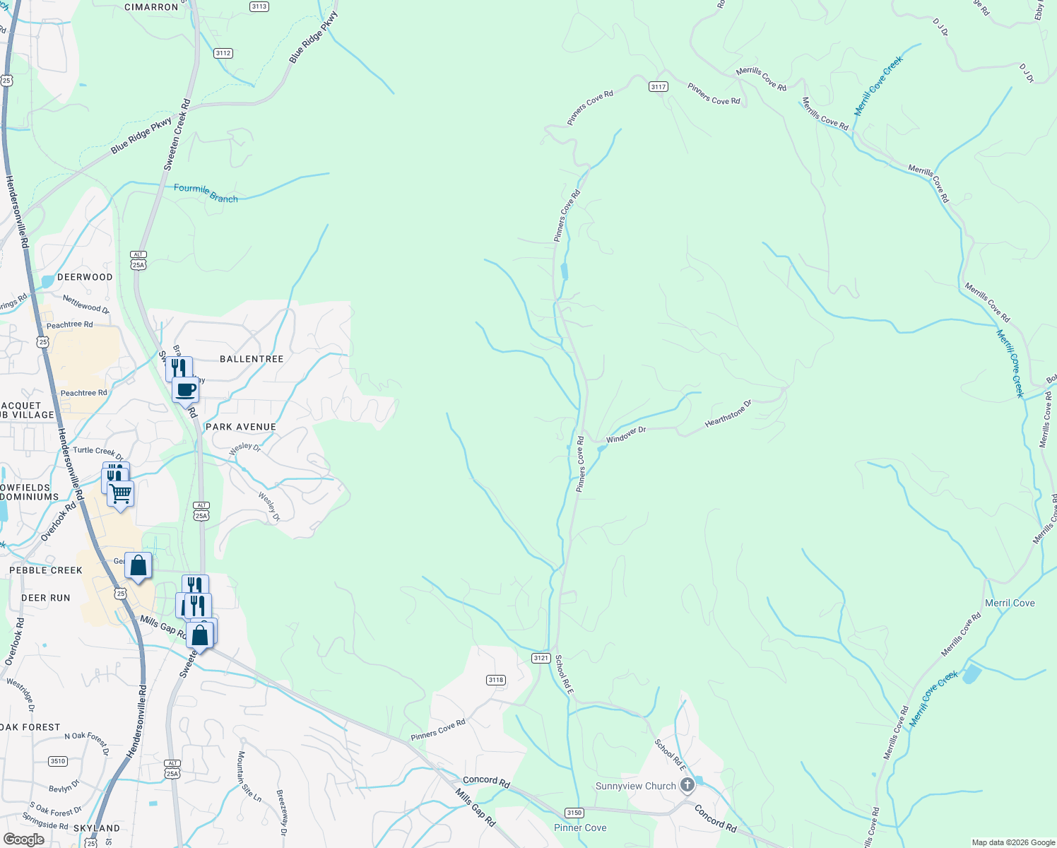map of restaurants, bars, coffee shops, grocery stores, and more near 33 Pinners Road in Asheville