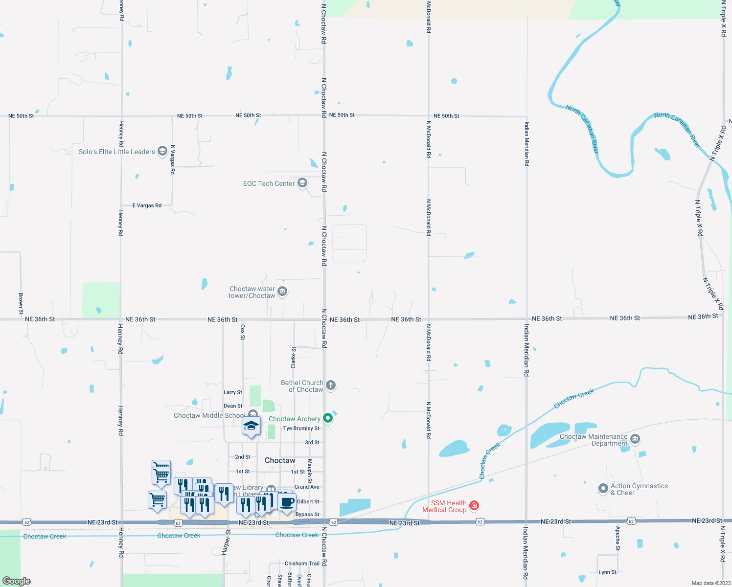 map of restaurants, bars, coffee shops, grocery stores, and more near 15195 Northeast 36th Street in Choctaw