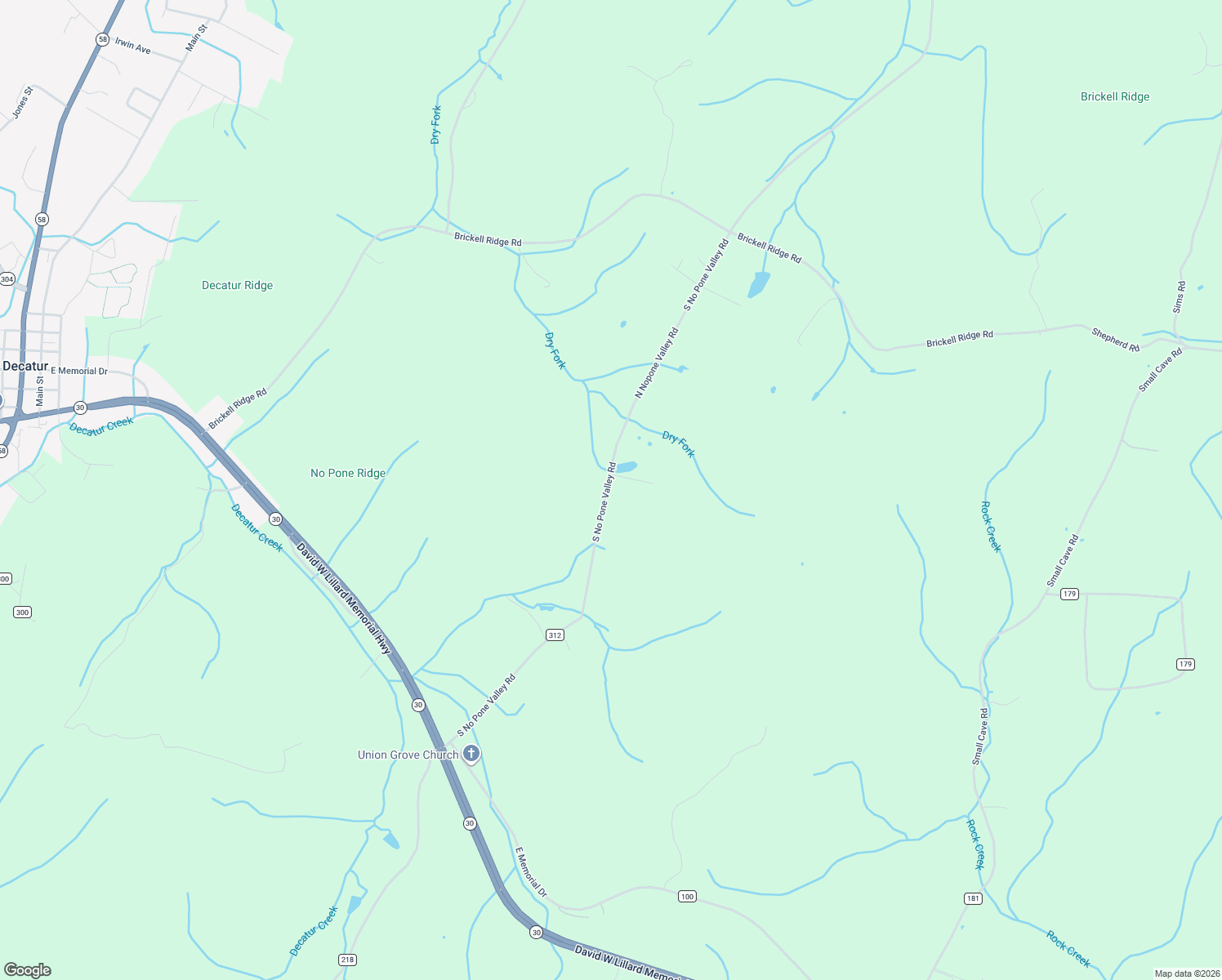 map of restaurants, bars, coffee shops, grocery stores, and more near 12408-12600 North Nopone Valley Road in Decatur