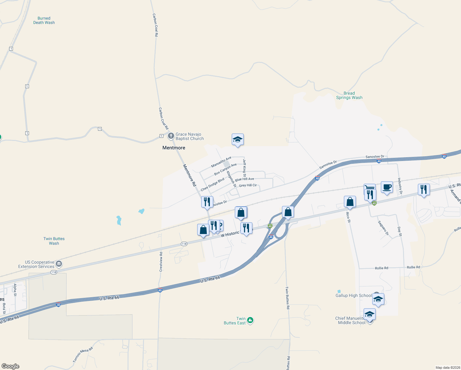 map of restaurants, bars, coffee shops, grocery stores, and more near 3403 Blue Hill Ave in Gallup