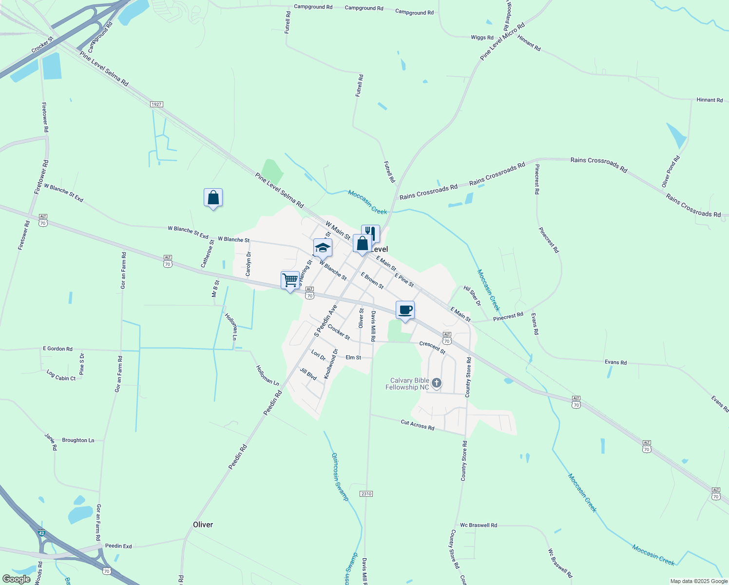 map of restaurants, bars, coffee shops, grocery stores, and more near 108 S Church St in Selma