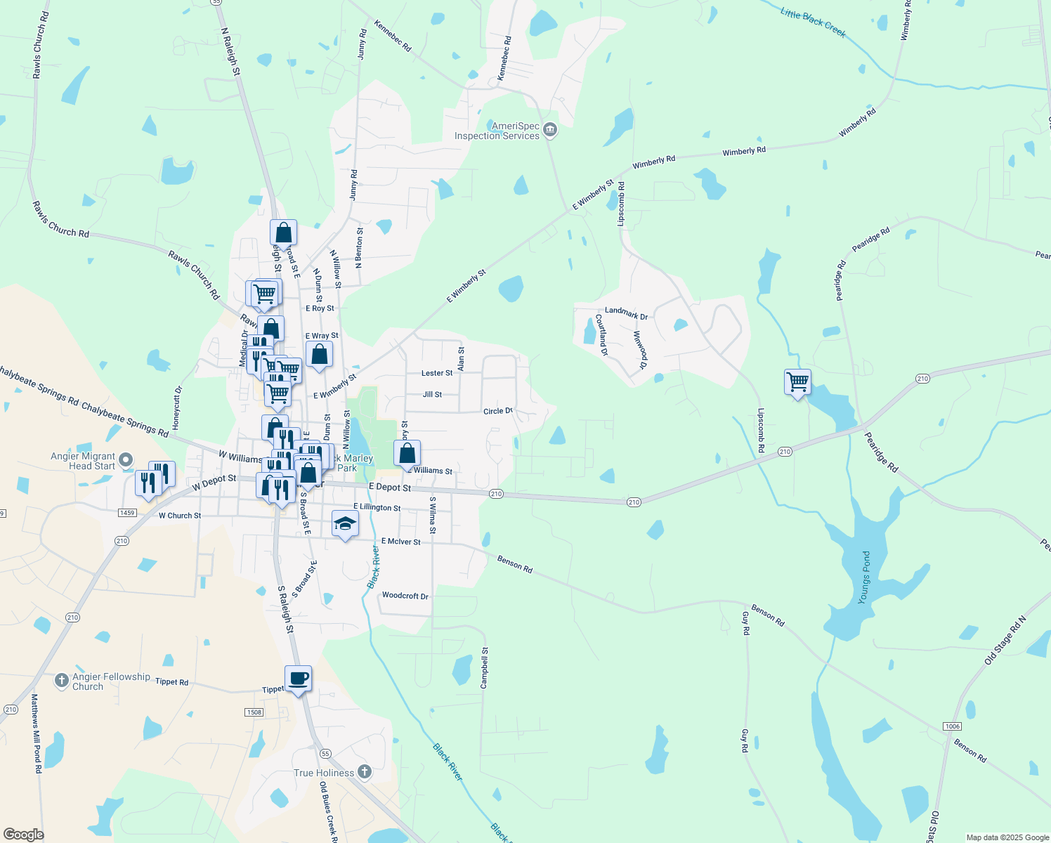 map of restaurants, bars, coffee shops, grocery stores, and more near 46 Bowden Family Lane in Angier