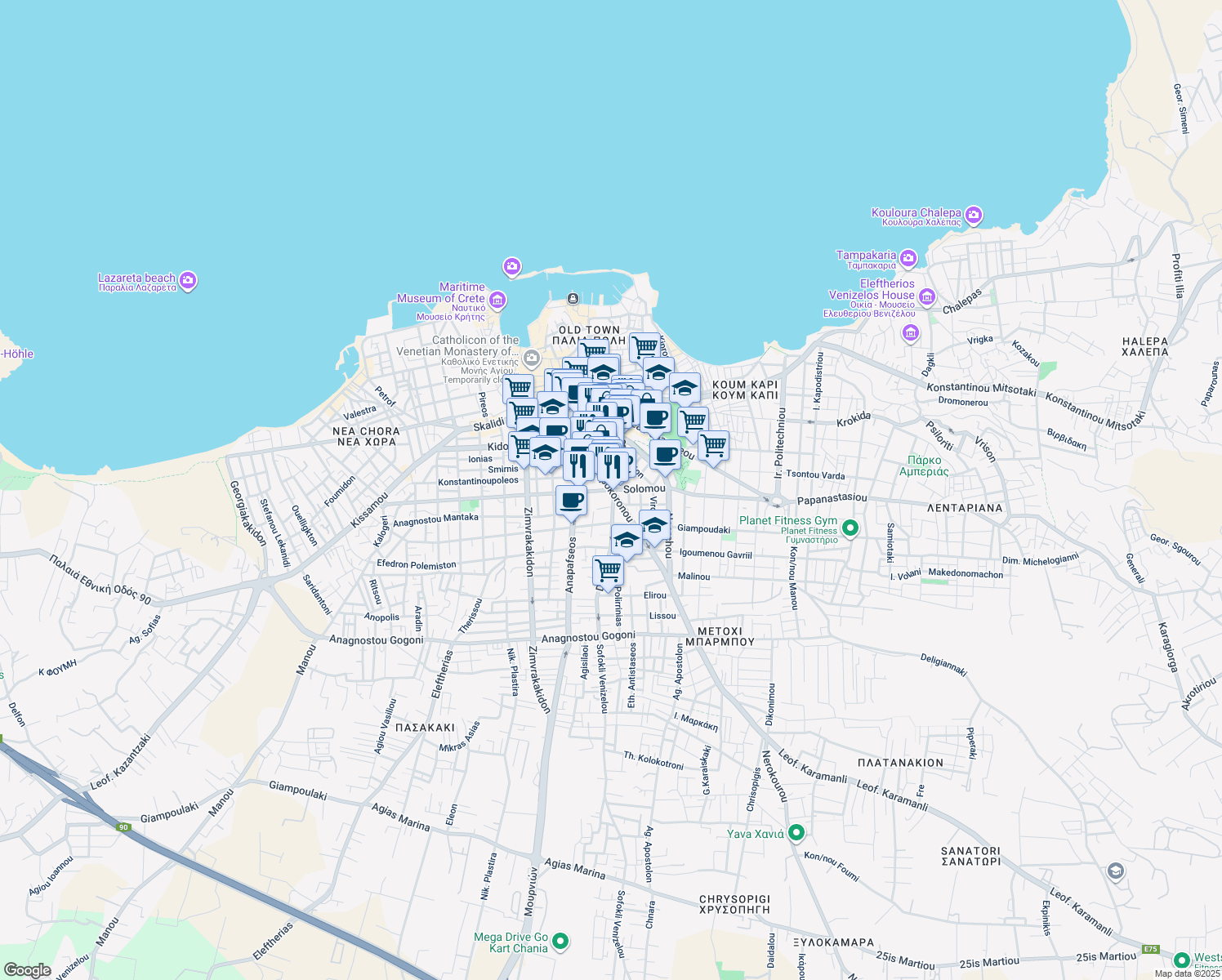 map of restaurants, bars, coffee shops, grocery stores, and more near 1 Markou Mpotsari in Chania