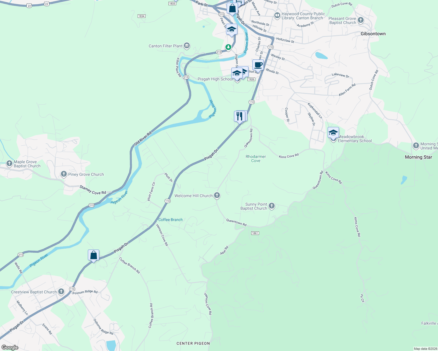 map of restaurants, bars, coffee shops, grocery stores, and more near 218 McDowell Drive in Canton