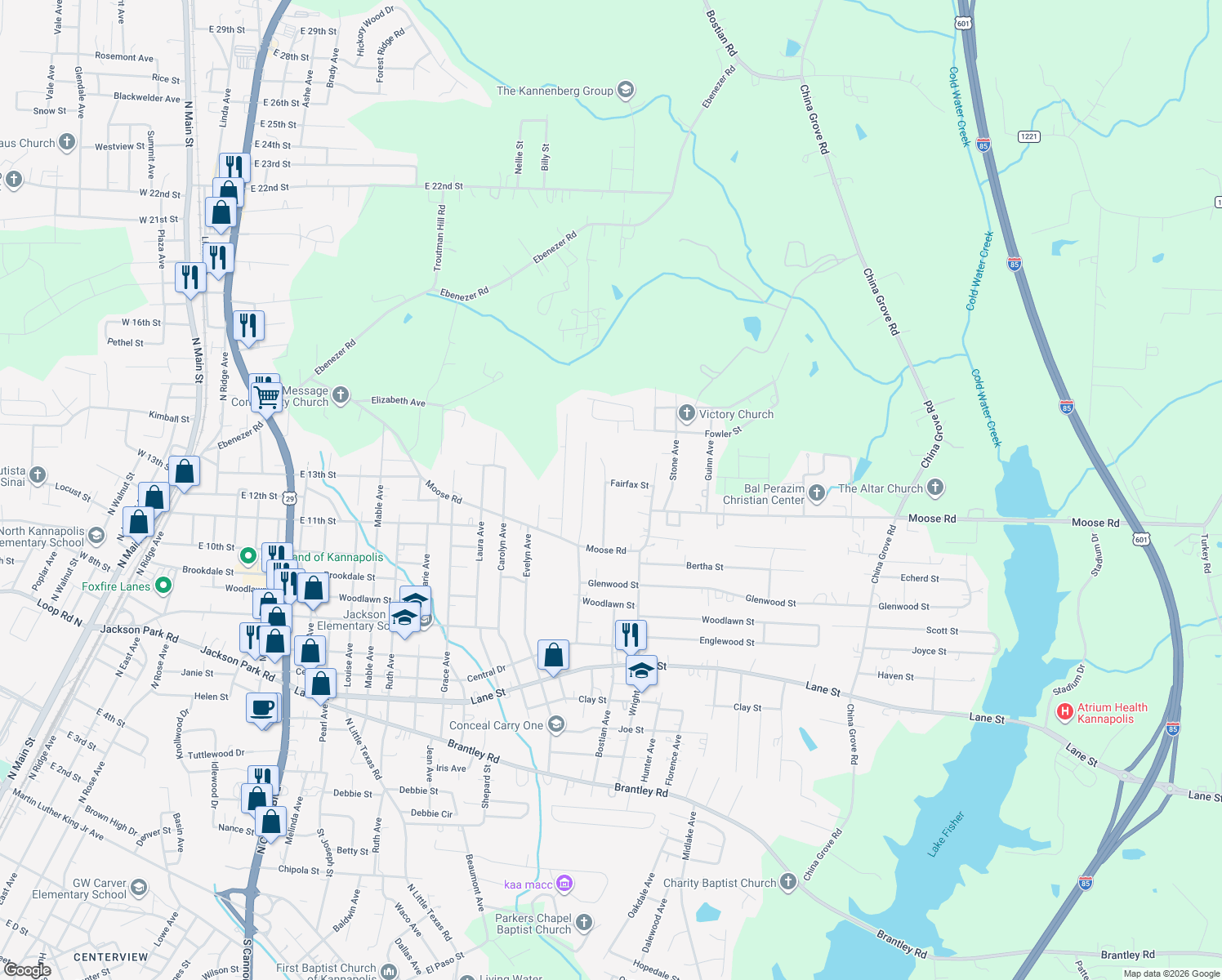 map of restaurants, bars, coffee shops, grocery stores, and more near 1320 Mount Vernon Avenue in Kannapolis
