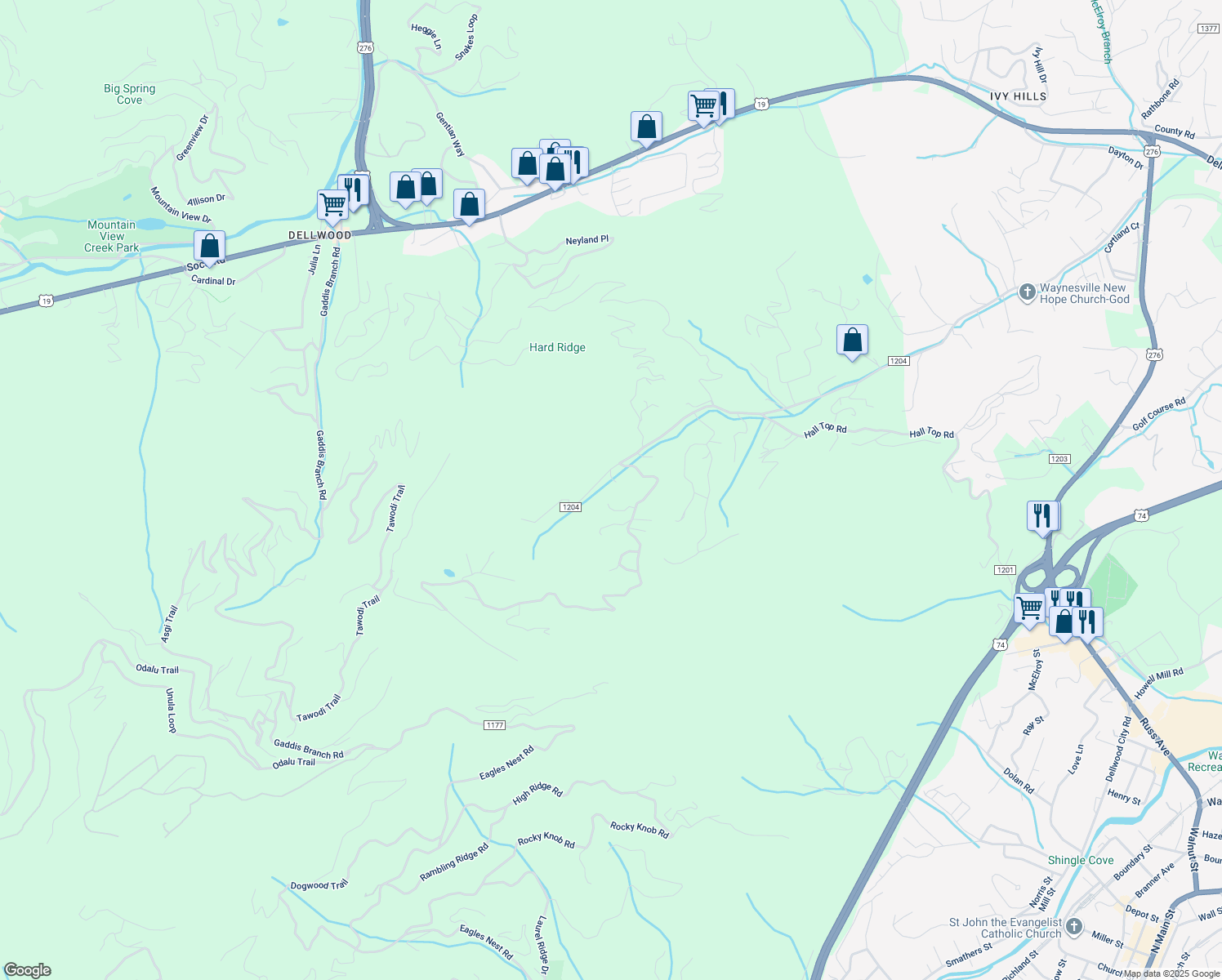 map of restaurants, bars, coffee shops, grocery stores, and more near 1885 Mauney Cove Road in Waynesville