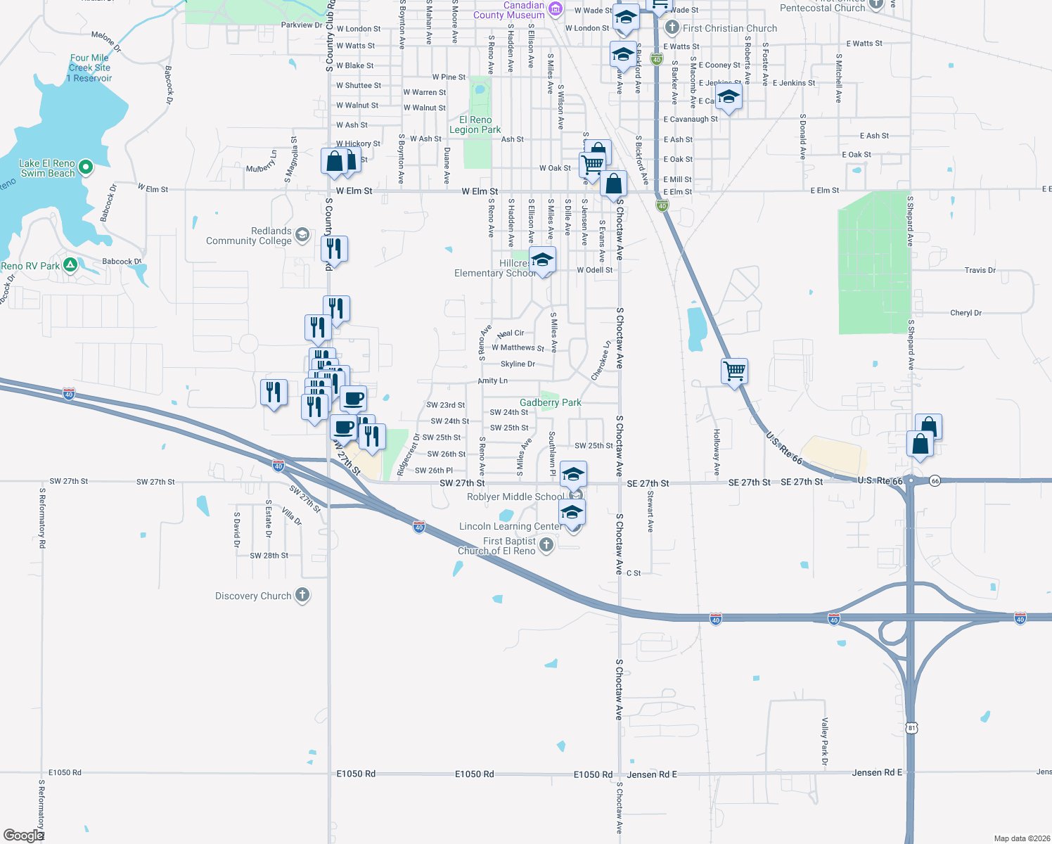 map of restaurants, bars, coffee shops, grocery stores, and more near 504 Southwest 25th Street in El Reno