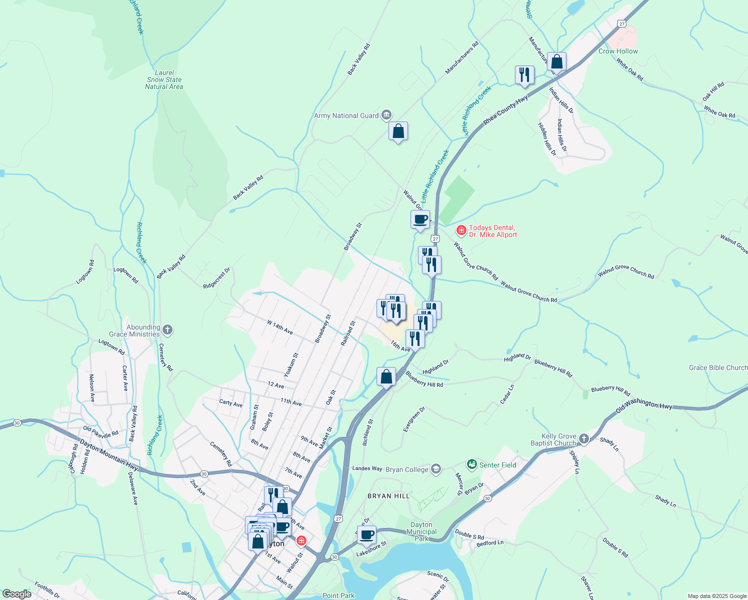 map of restaurants, bars, coffee shops, grocery stores, and more near 1013 Oak Street in Dayton