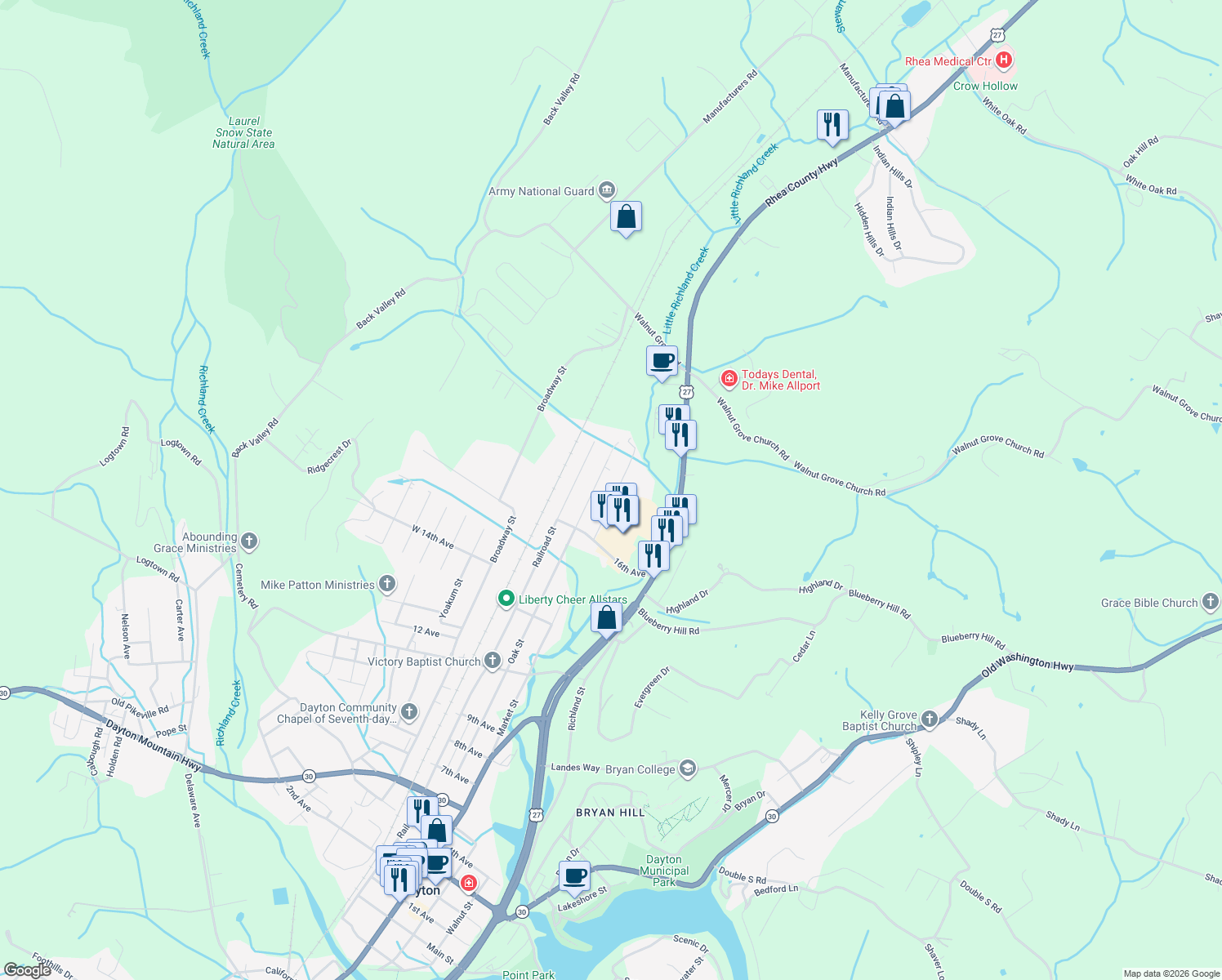 map of restaurants, bars, coffee shops, grocery stores, and more near 3165 Market St in Dayton