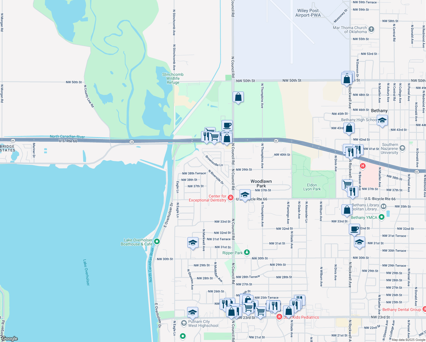 map of restaurants, bars, coffee shops, grocery stores, and more near 3840 North Riverside Drive in Bethany