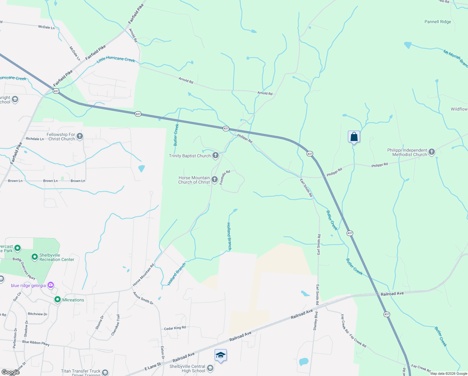 map of restaurants, bars, coffee shops, grocery stores, and more near 800 Foothills Road in Shelbyville