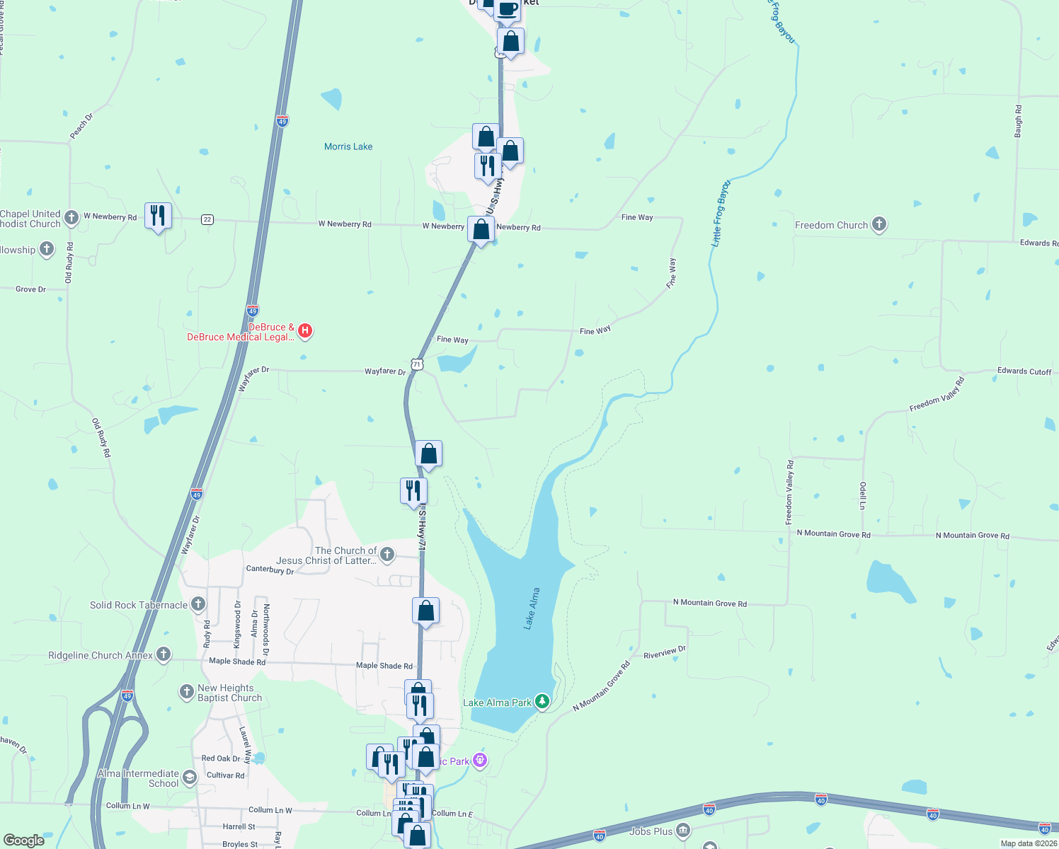 map of restaurants, bars, coffee shops, grocery stores, and more near 345 Countryside Estates in Alma