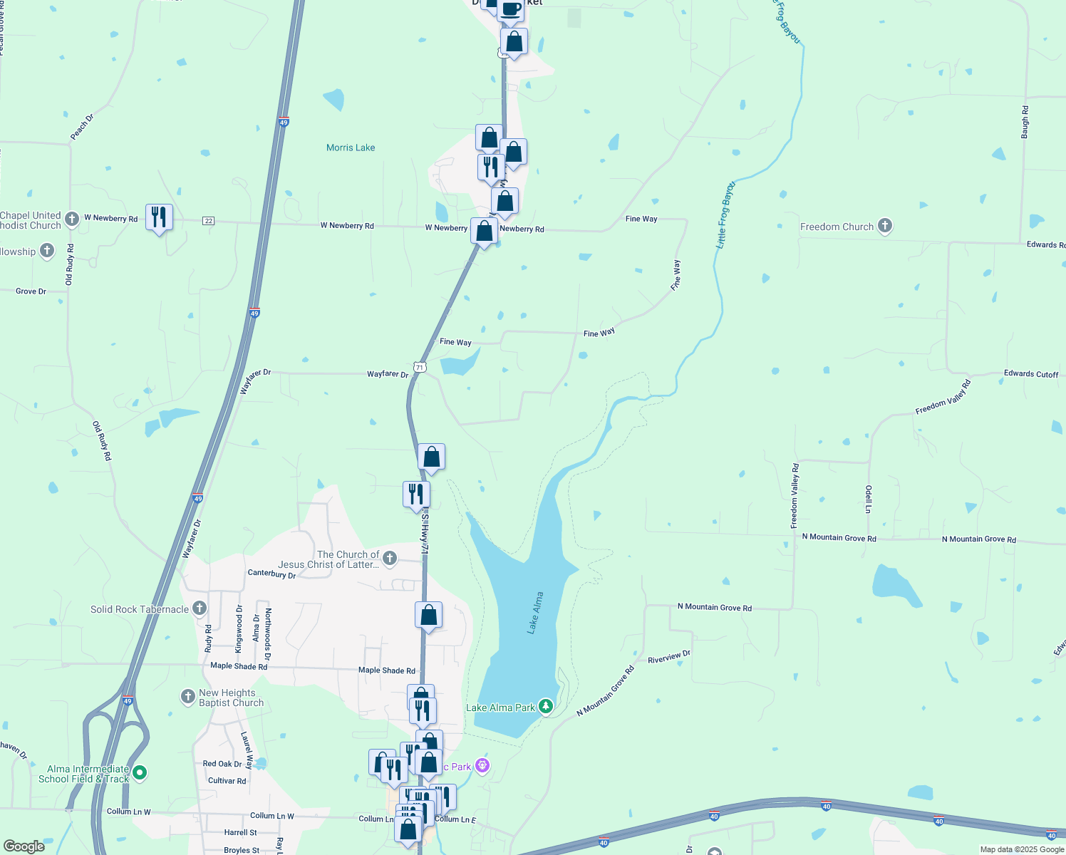 map of restaurants, bars, coffee shops, grocery stores, and more near 345 Countryside Estates in Alma