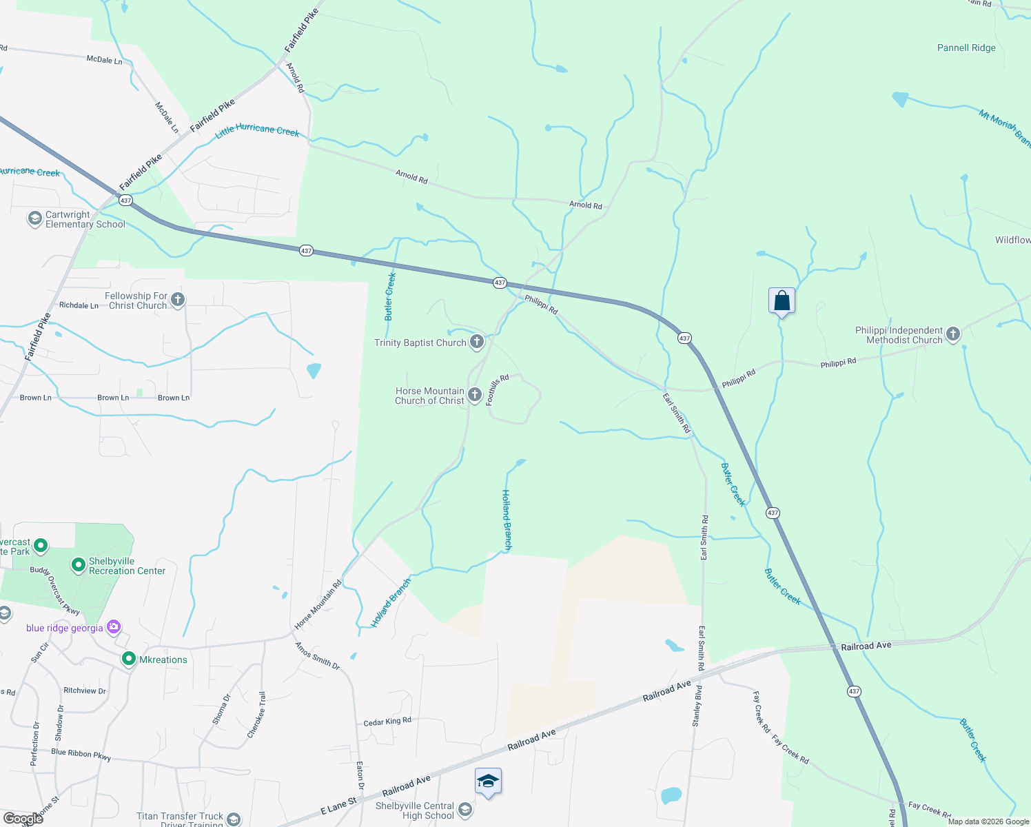 map of restaurants, bars, coffee shops, grocery stores, and more near 800 Foothills Road in Shelbyville