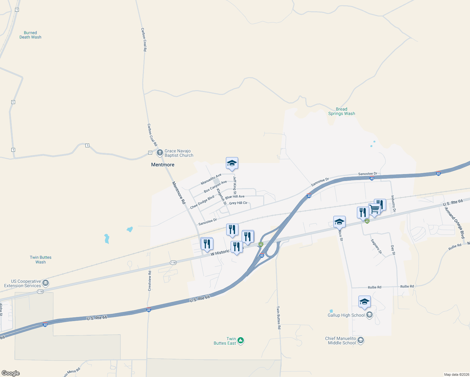 map of restaurants, bars, coffee shops, grocery stores, and more near 506 Jeff King Street in Gallup