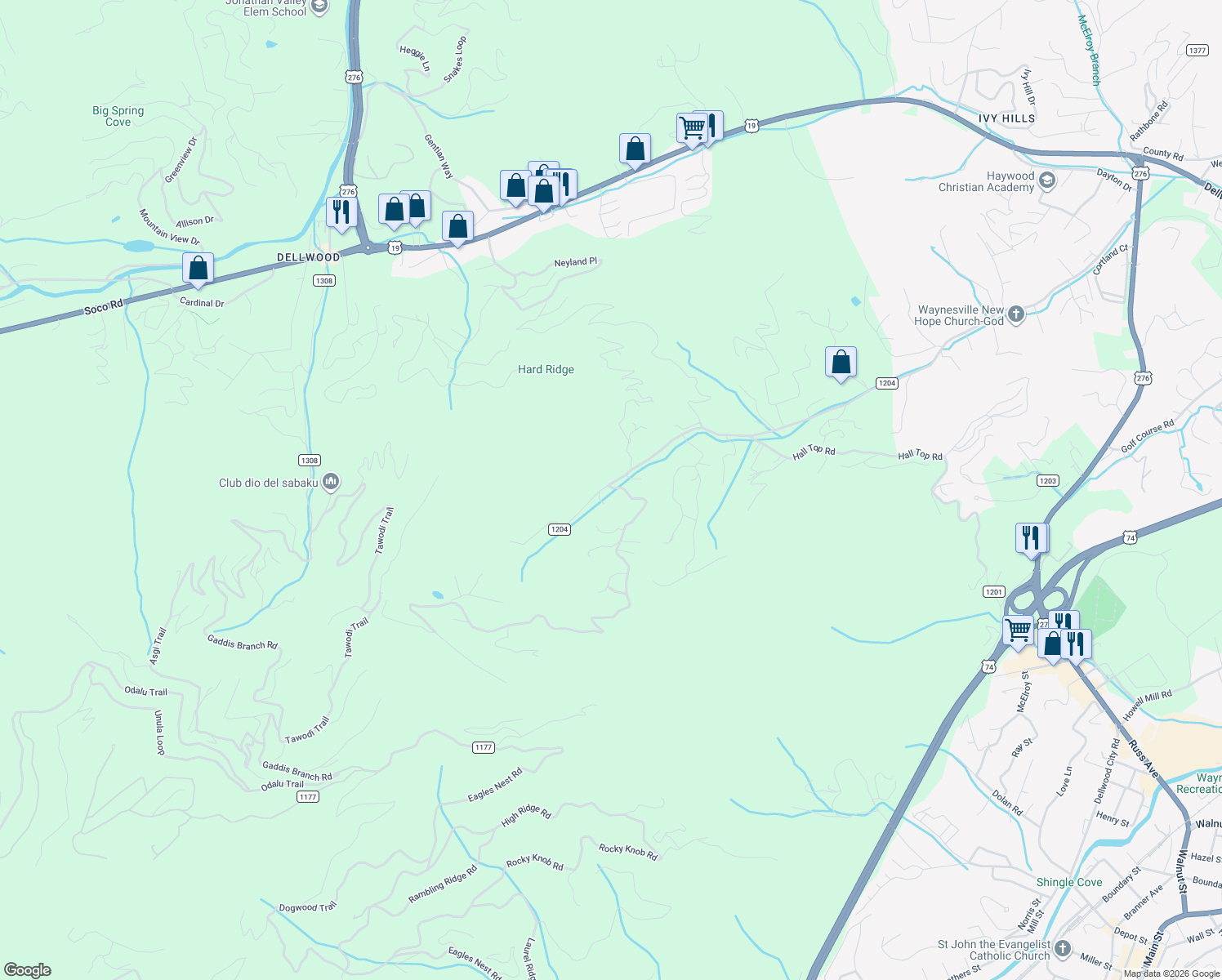 map of restaurants, bars, coffee shops, grocery stores, and more near 1885 Mauney Cove Road in Waynesville